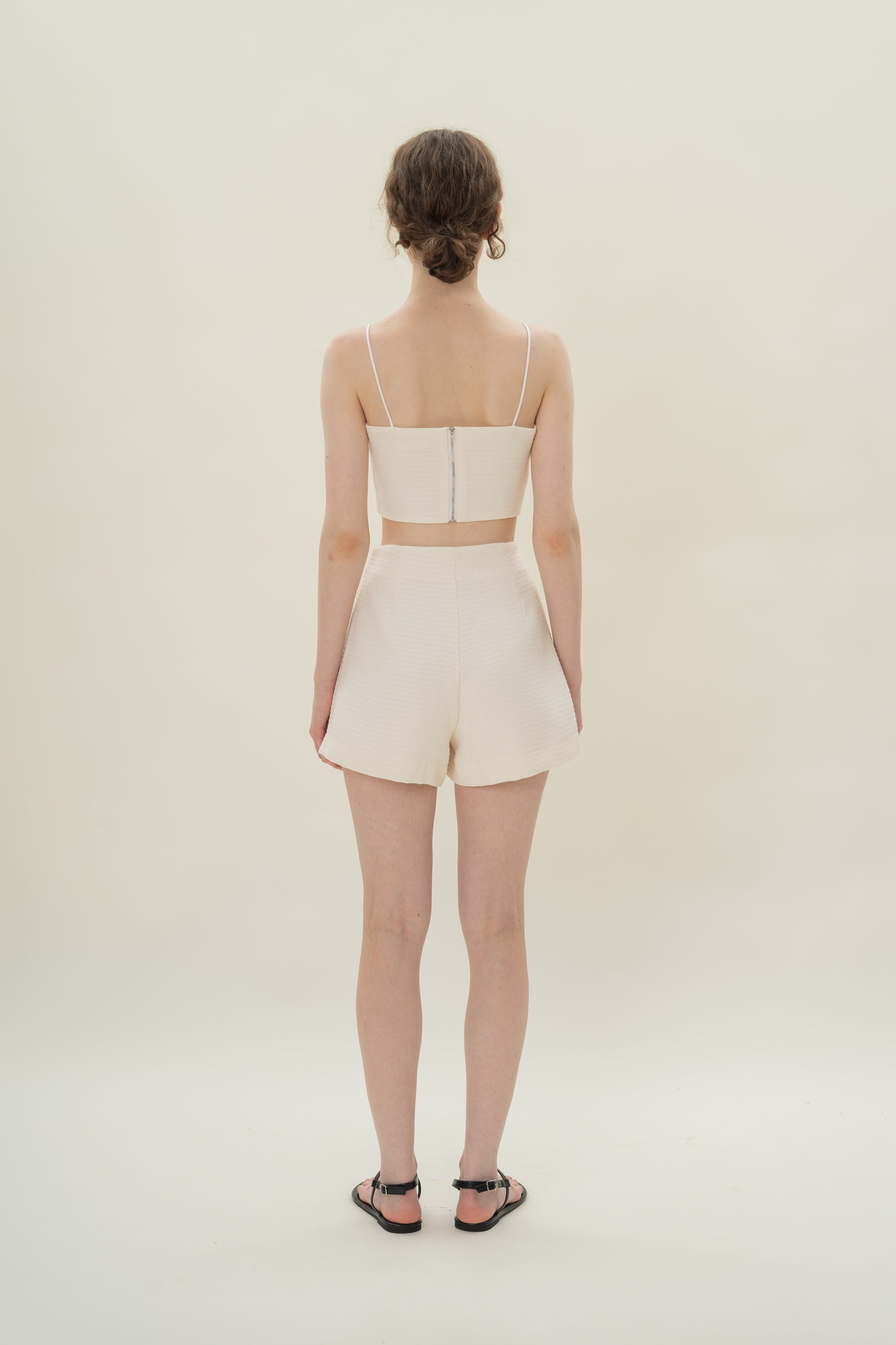 Textured Cropped Top With Thin Straps in Tweed White
