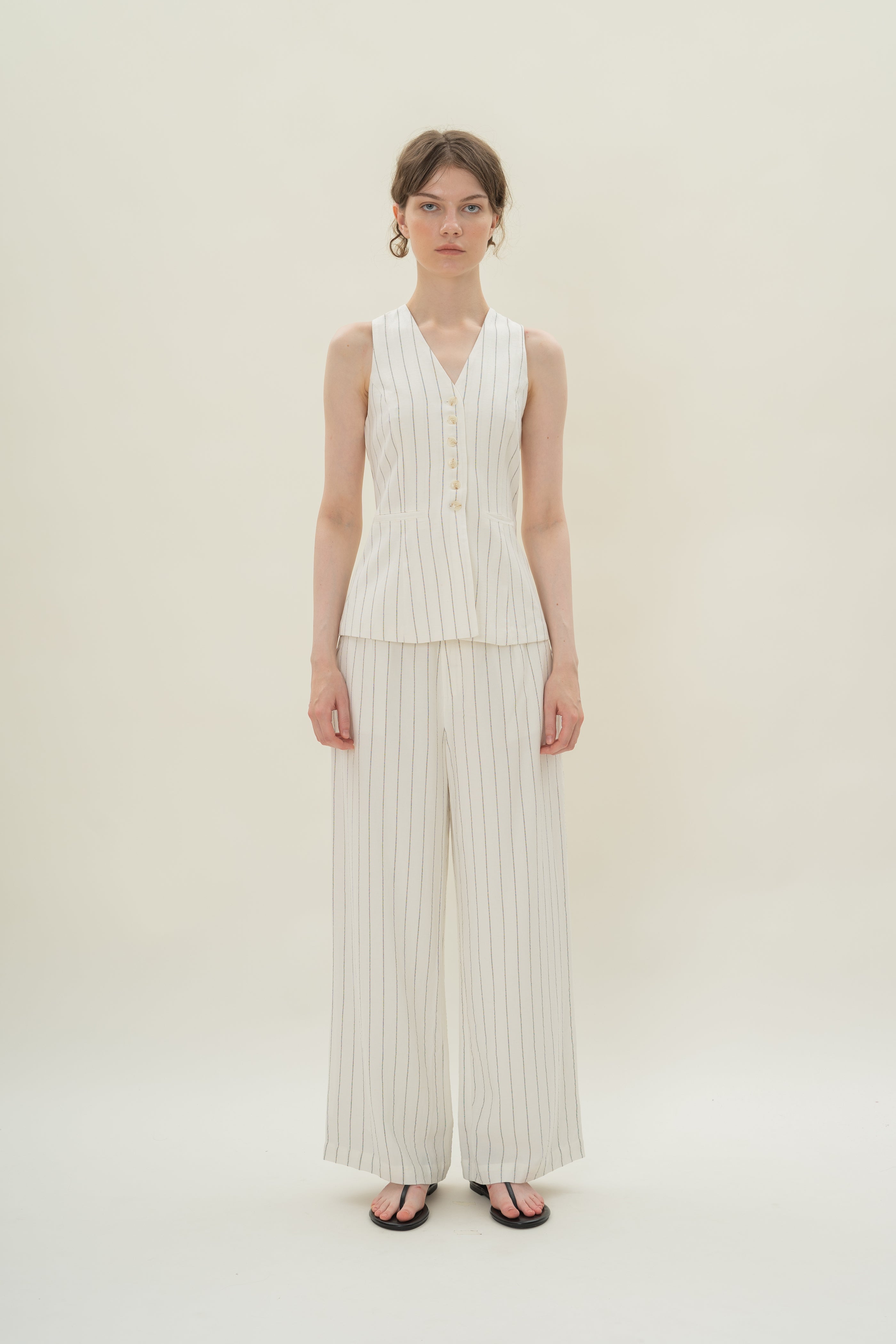 Linen Blend Longline Waistcoat in White Stripes