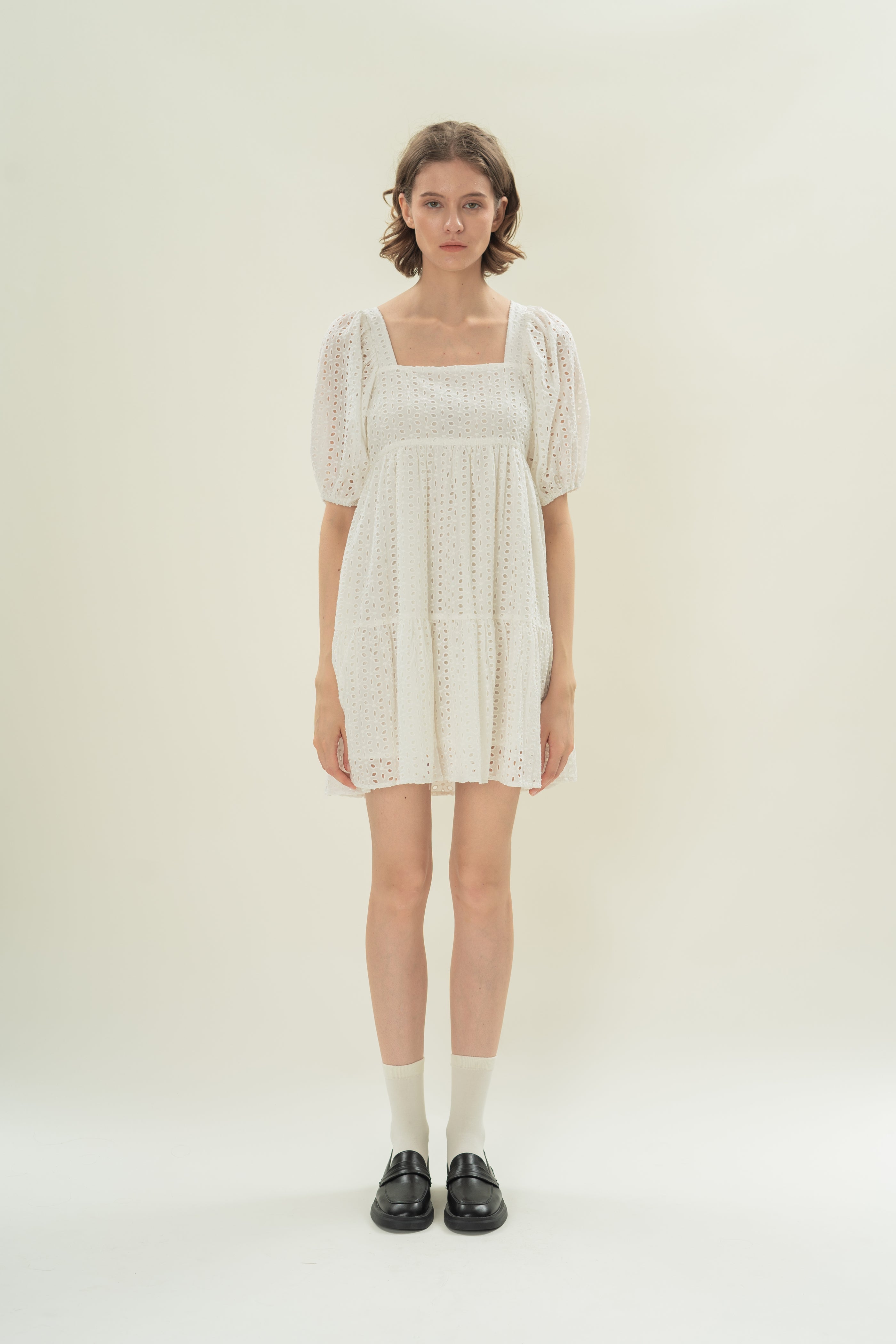 Broderie Square Neck Mini Dress in White