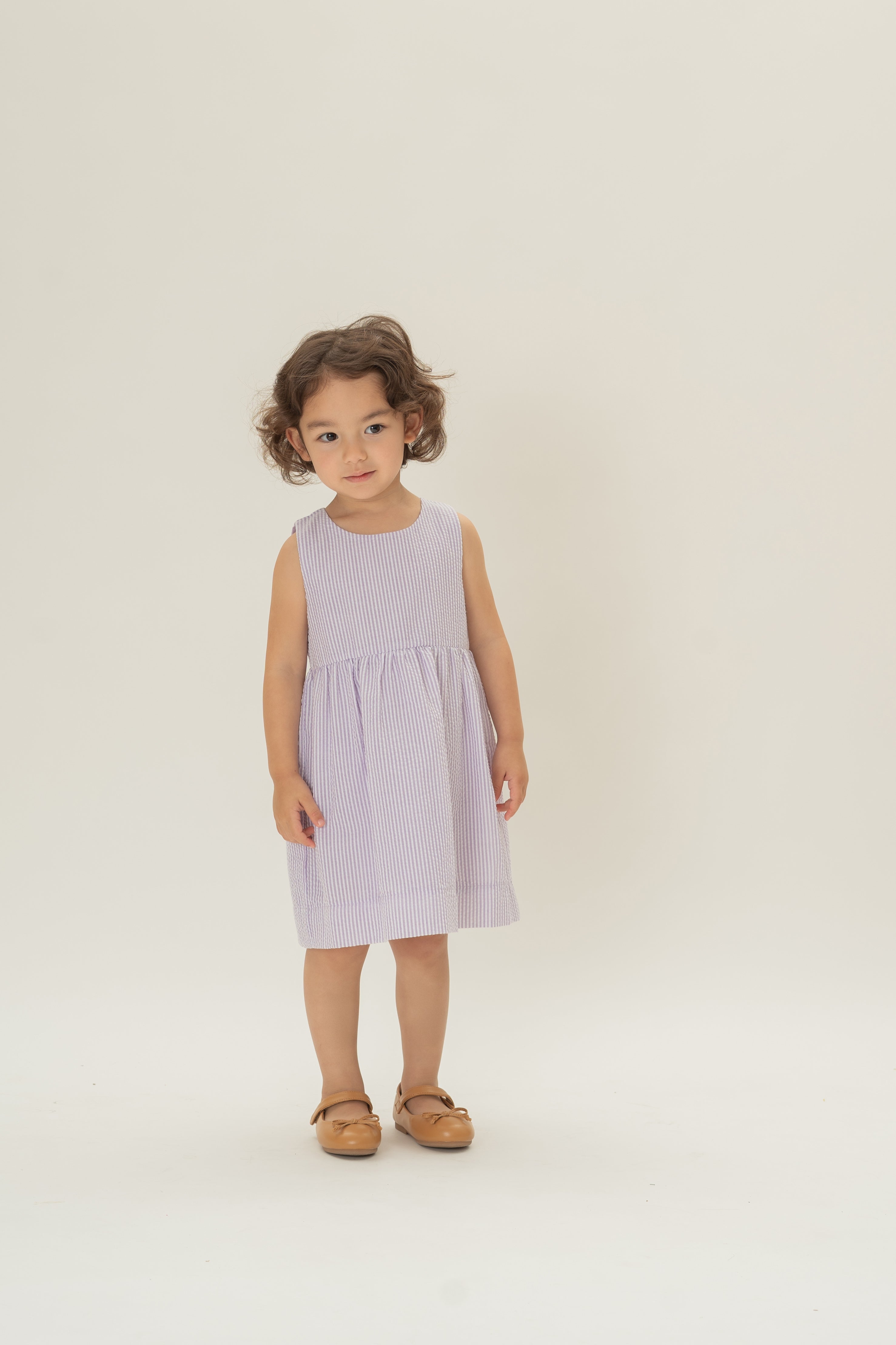 Mini Gathered Waist Dress in Seersucker Orchid Stripes
