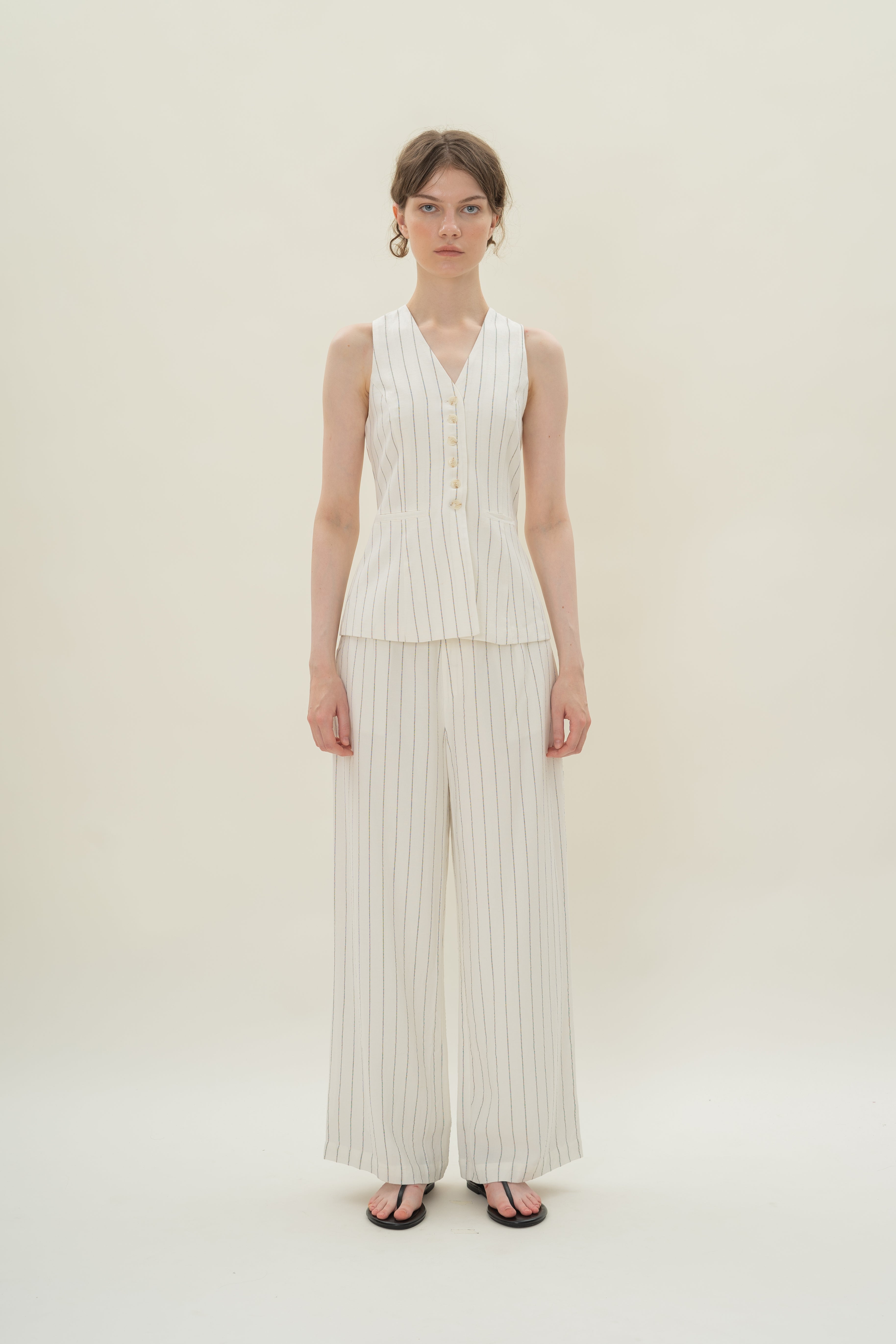 Linen Blend Longline Waistcoat in White Stripes