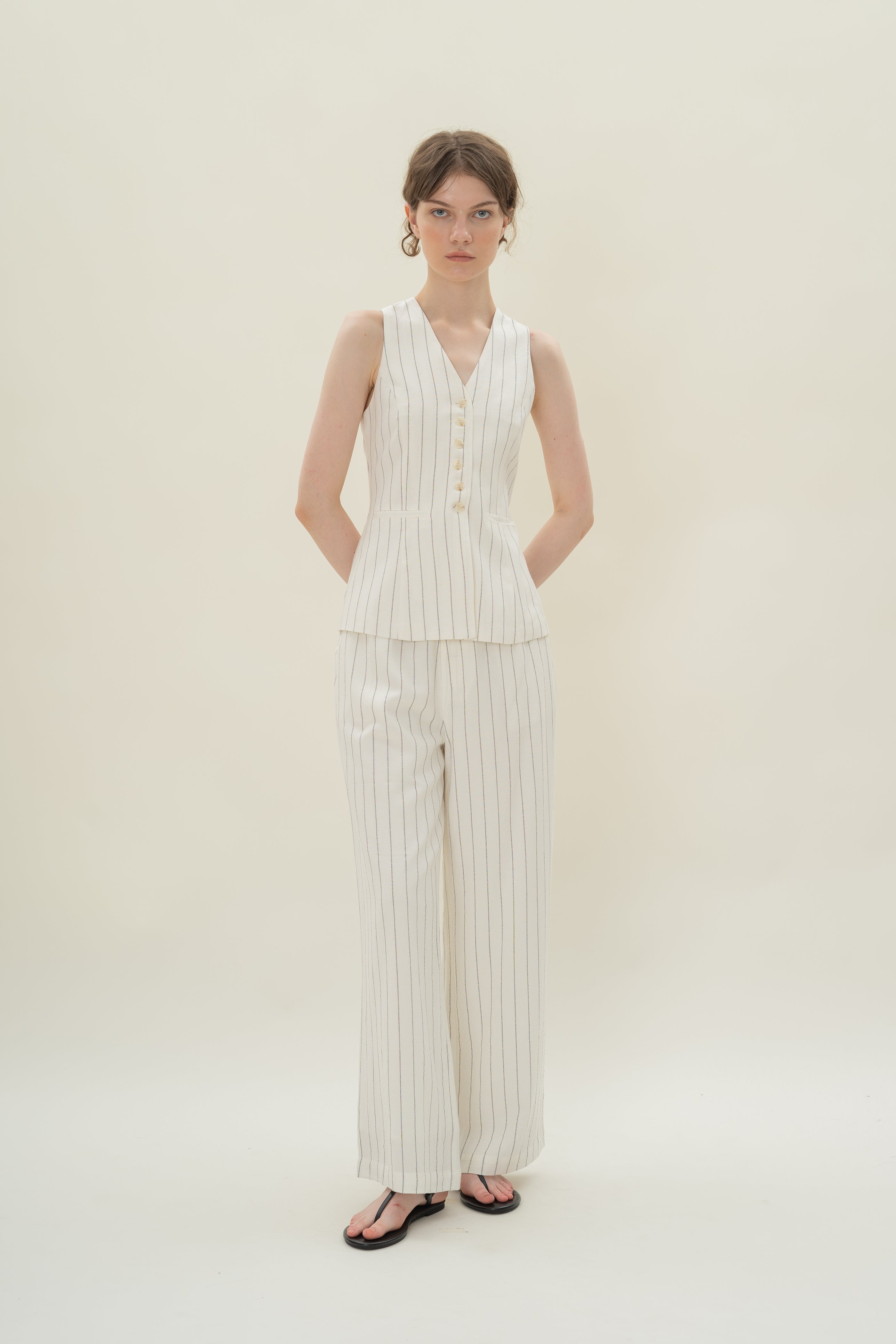 Linen Blend Longline Waistcoat in White Stripes