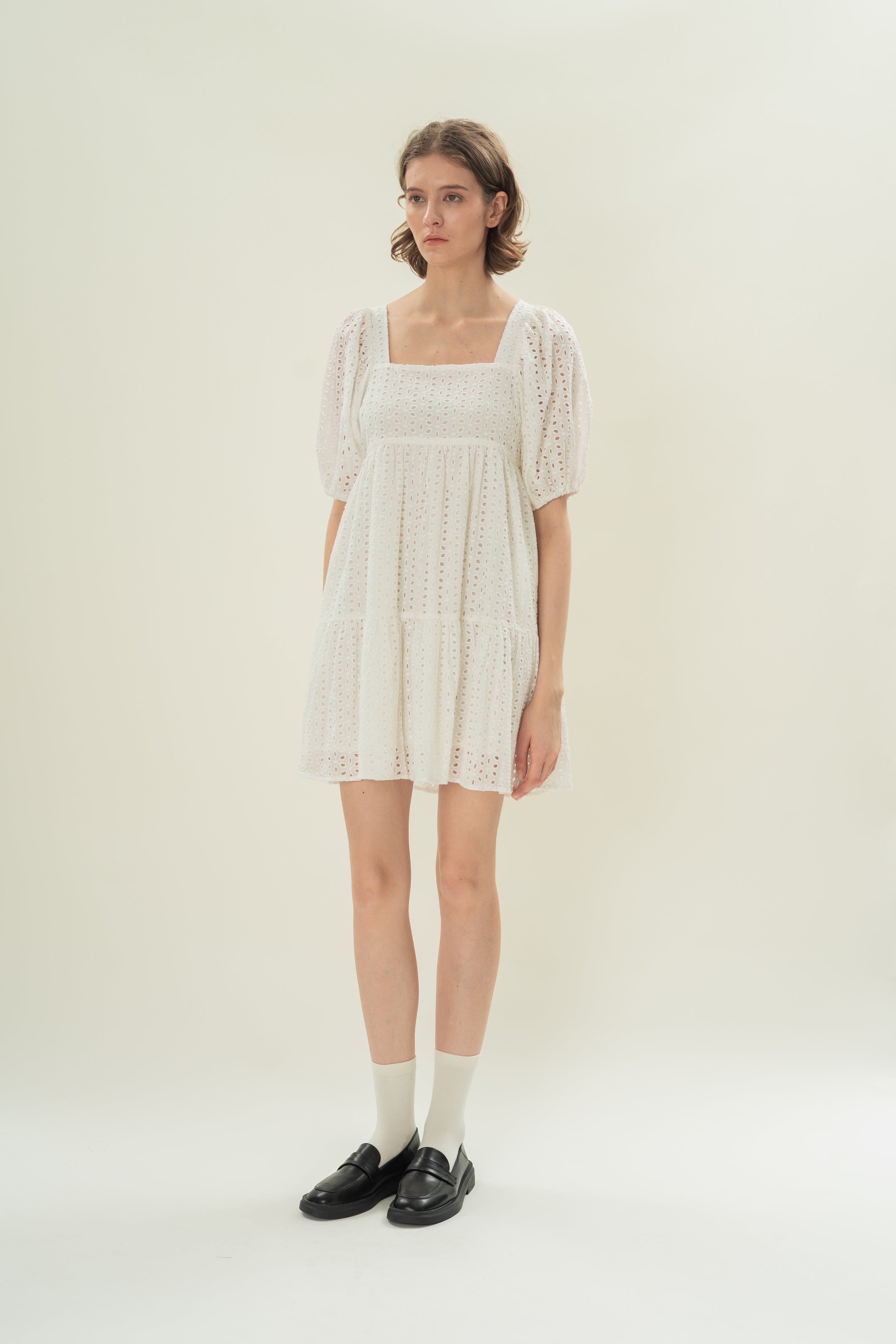 Broderie Square Neck Mini Dress in White