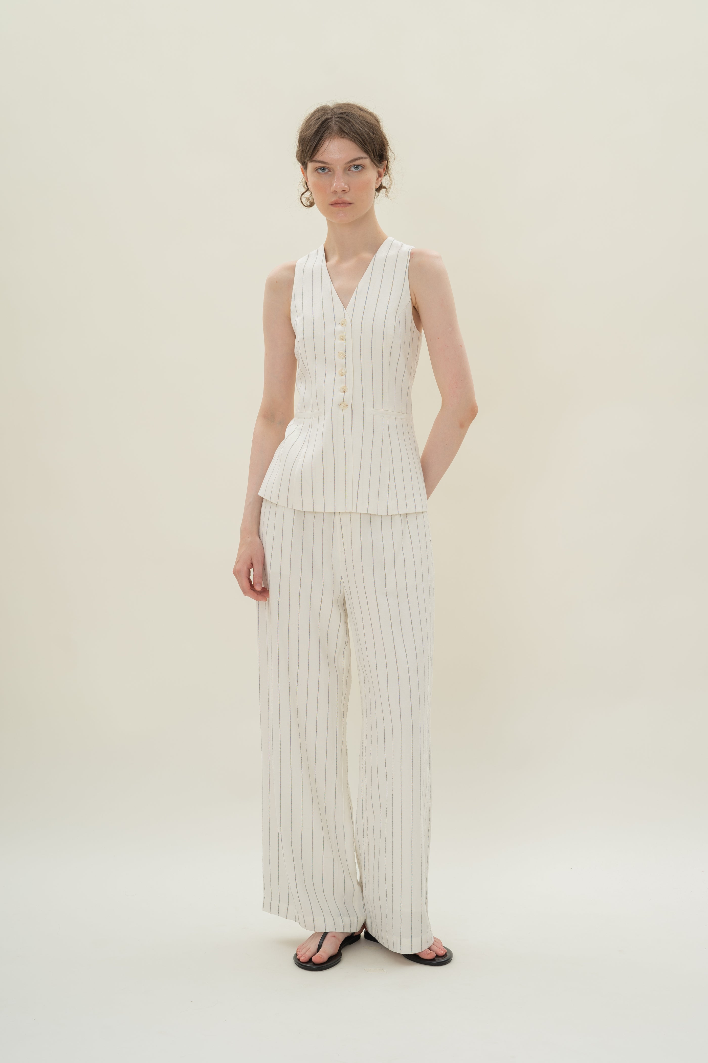 Linen Blend Longline Waistcoat in White Stripes