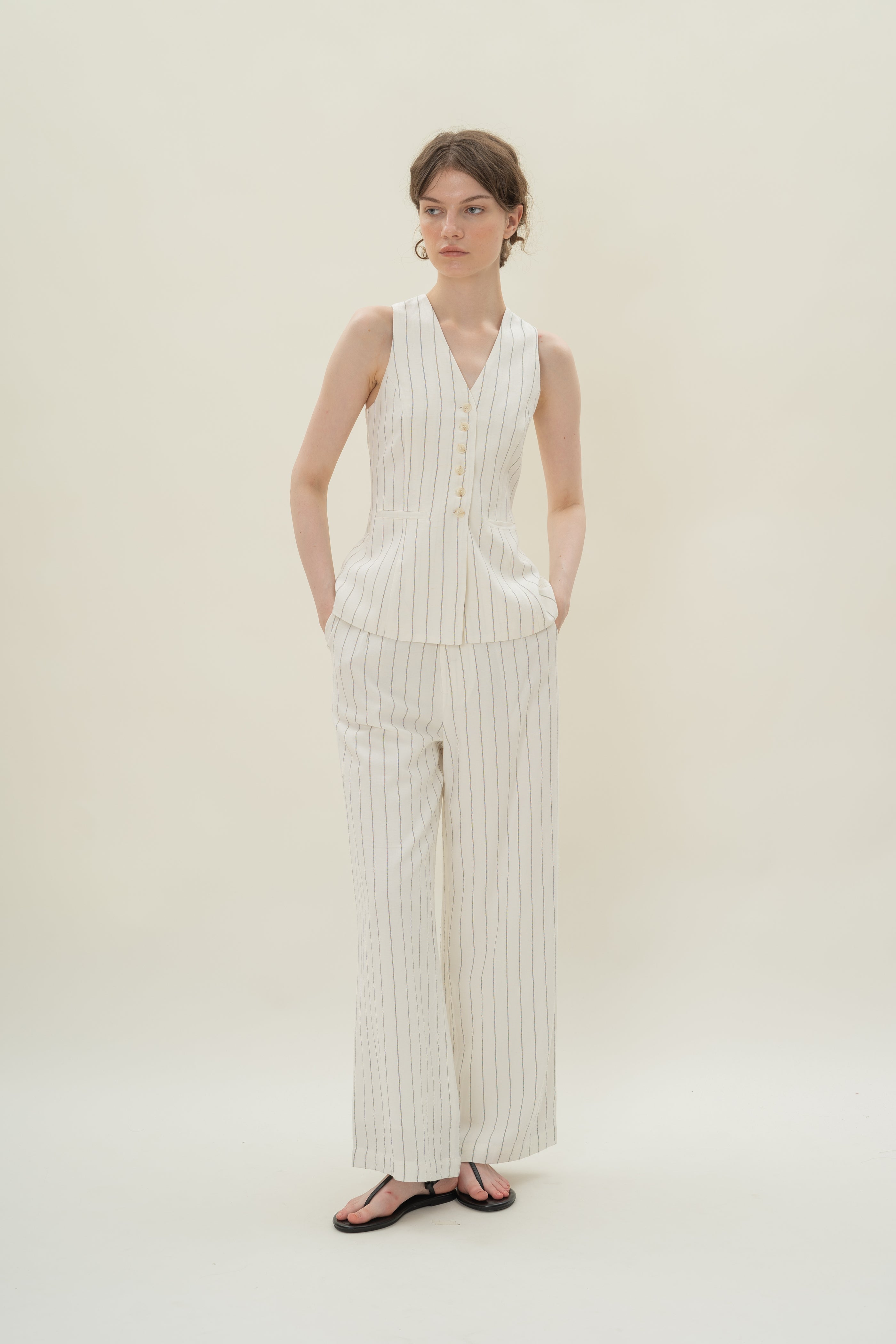 Linen Blend Longline Waistcoat in White Stripes