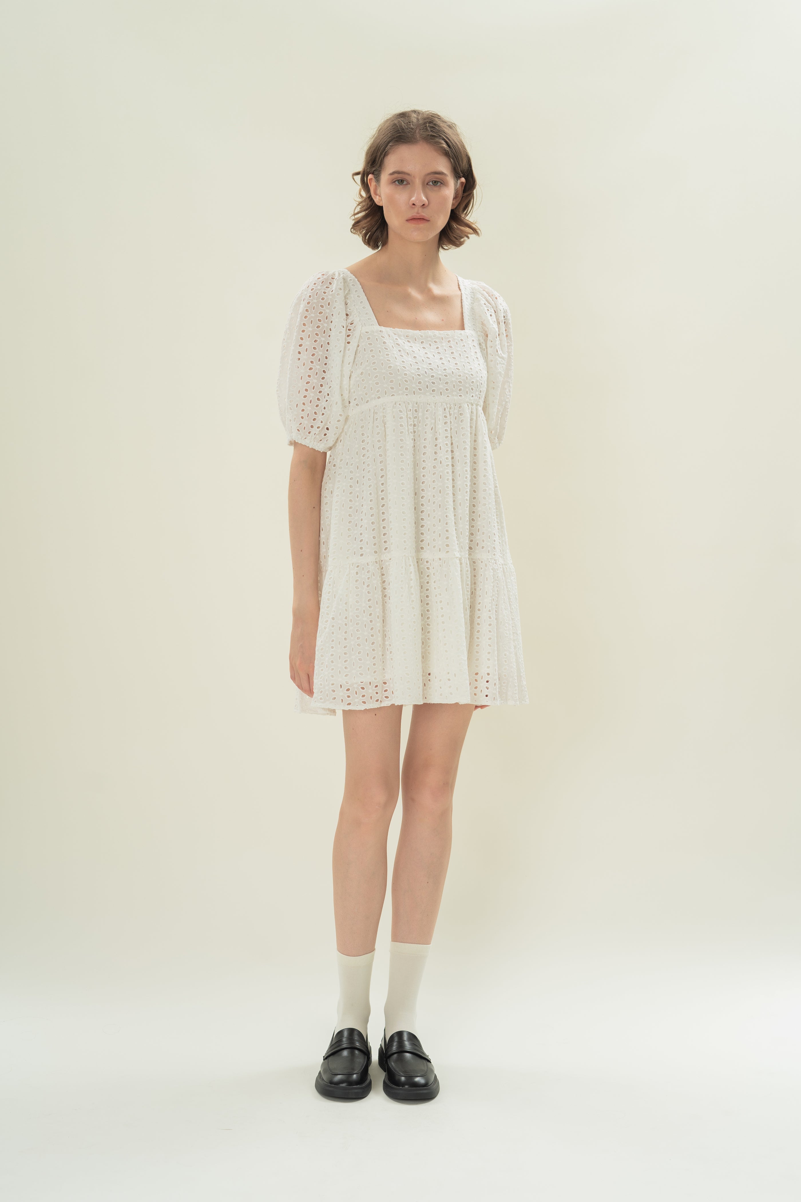 Broderie Square Neck Mini Dress in White