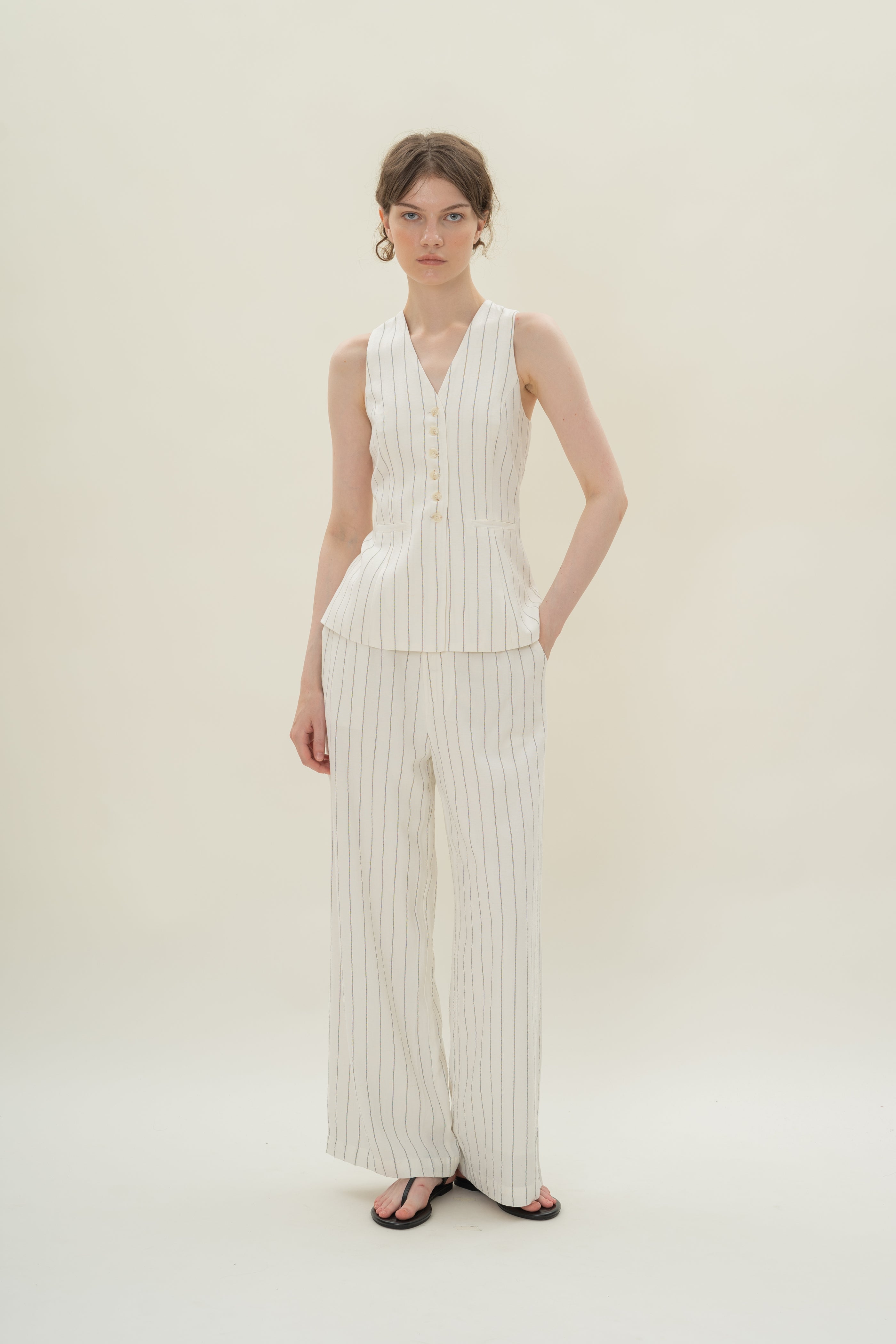 Linen Blend Longline Waistcoat in White Stripes