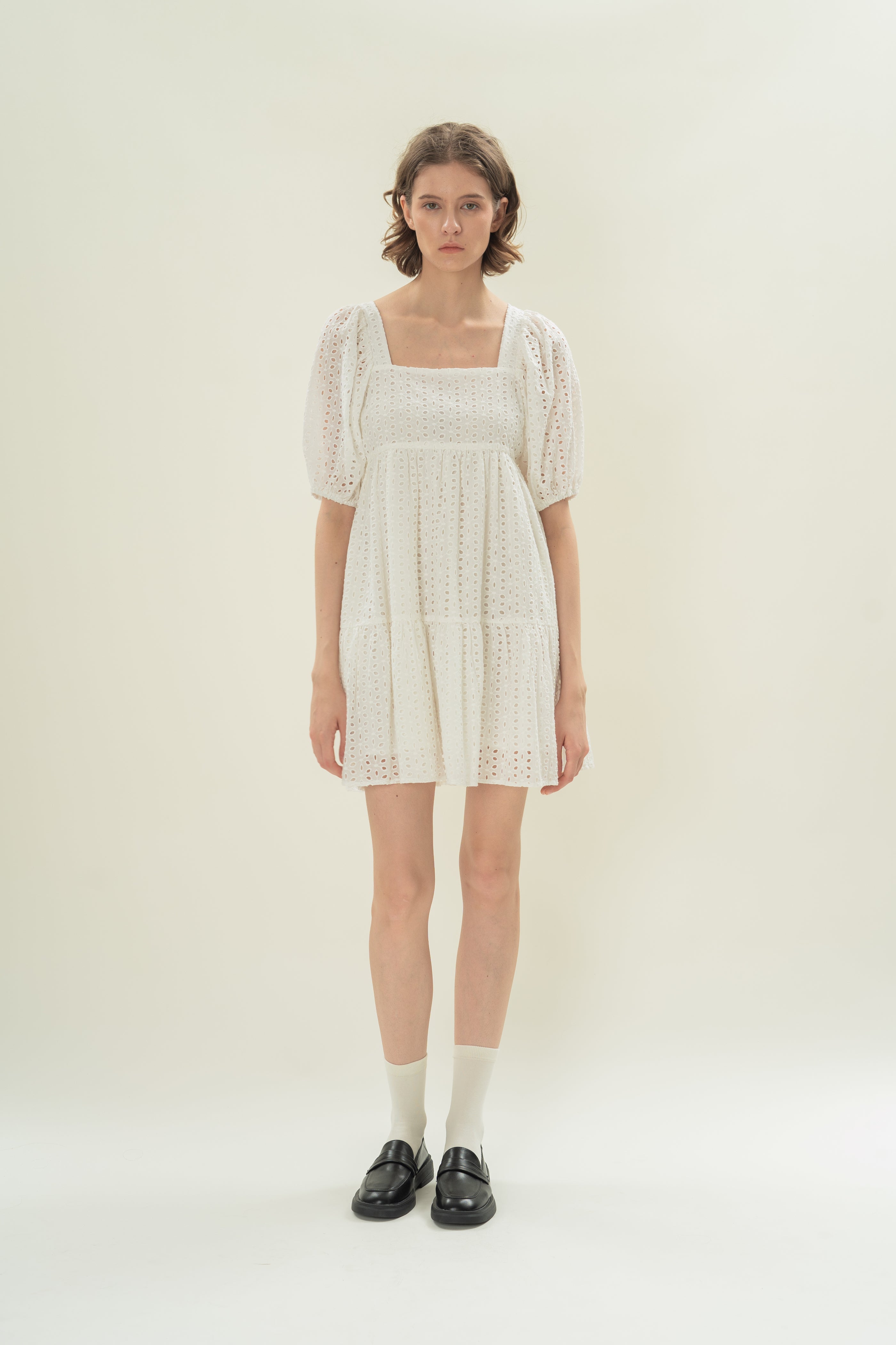 Broderie Square Neck Mini Dress in White