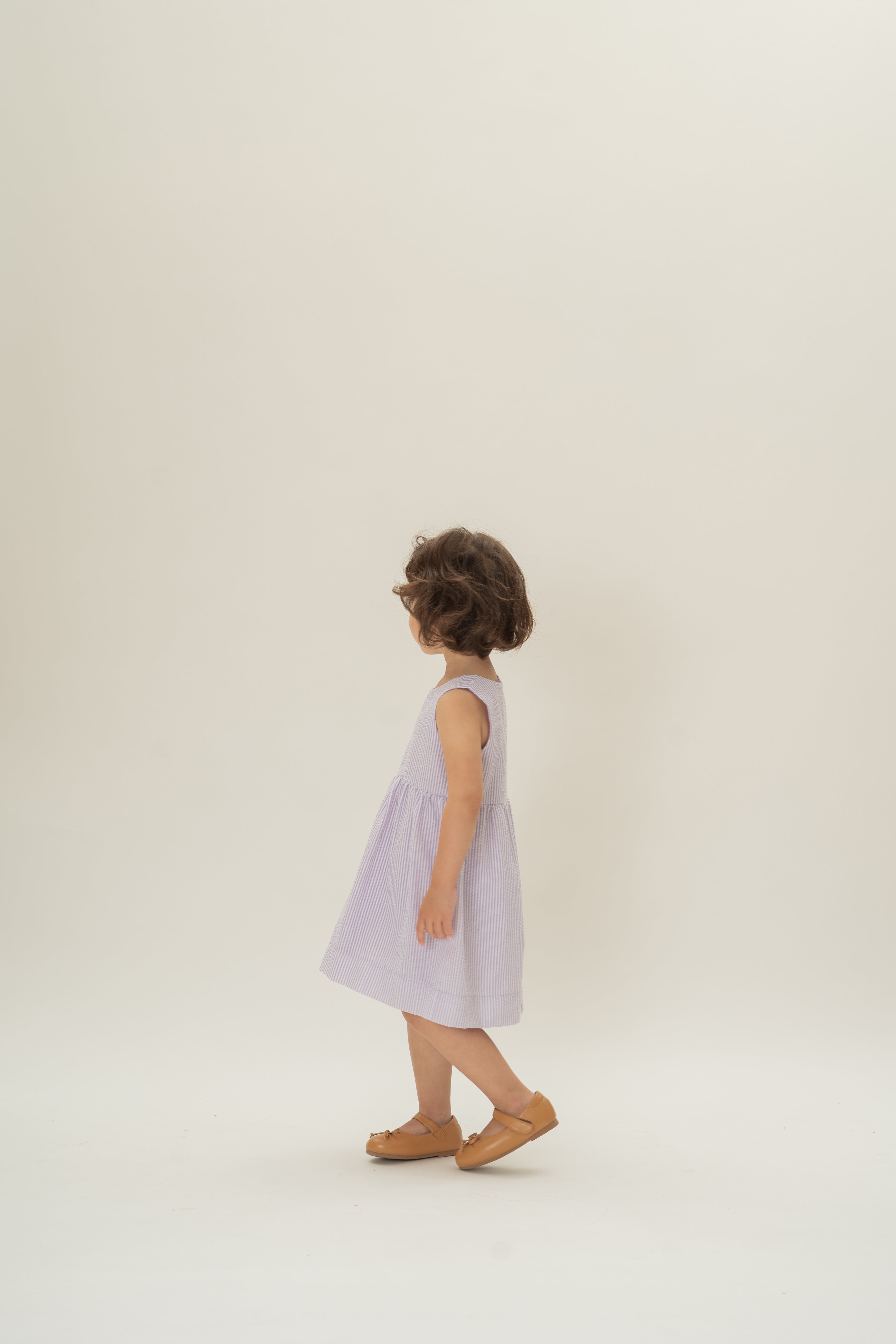 Mini Gathered Waist Dress in Seersucker Orchid Stripes