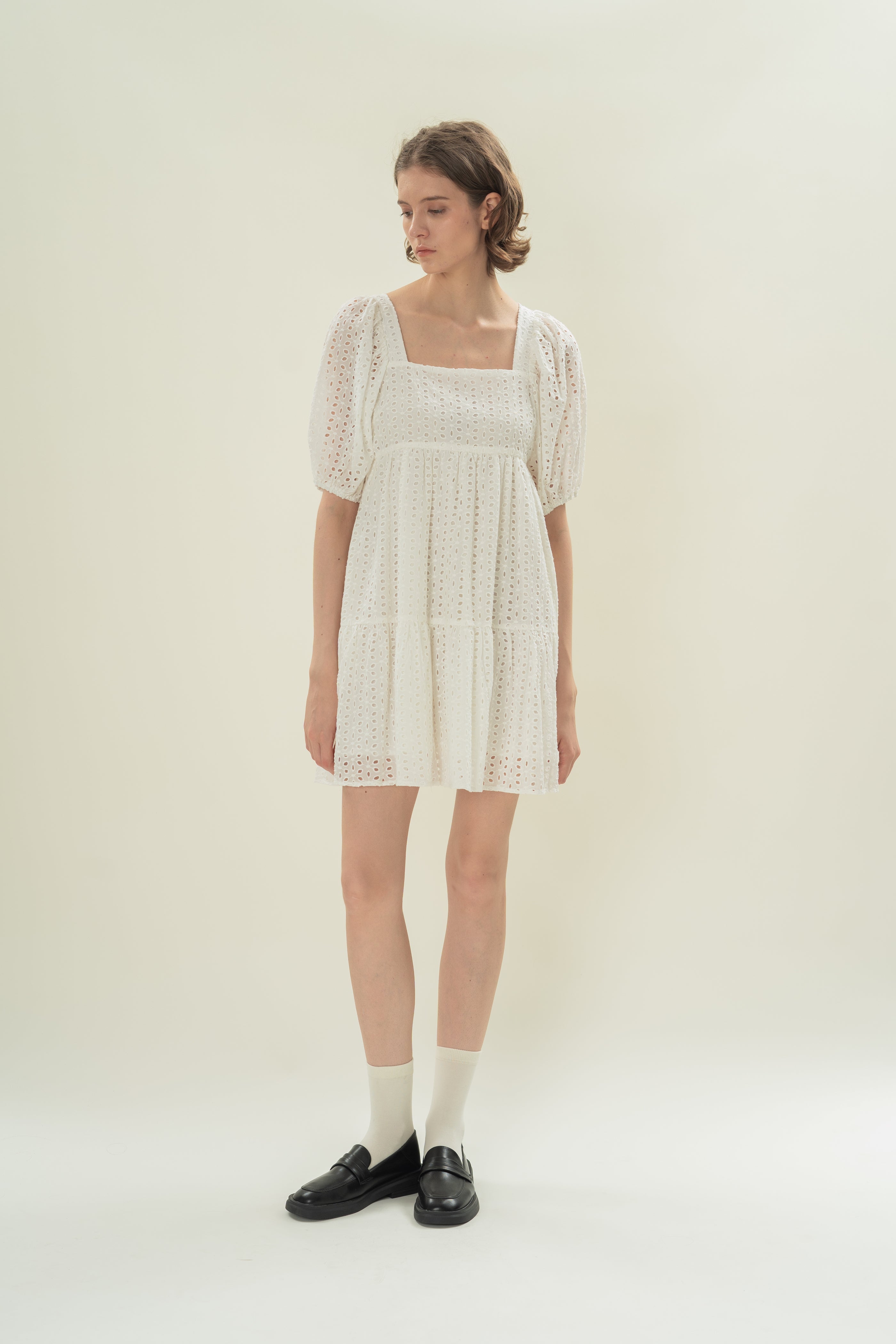 Broderie Square Neck Mini Dress in White