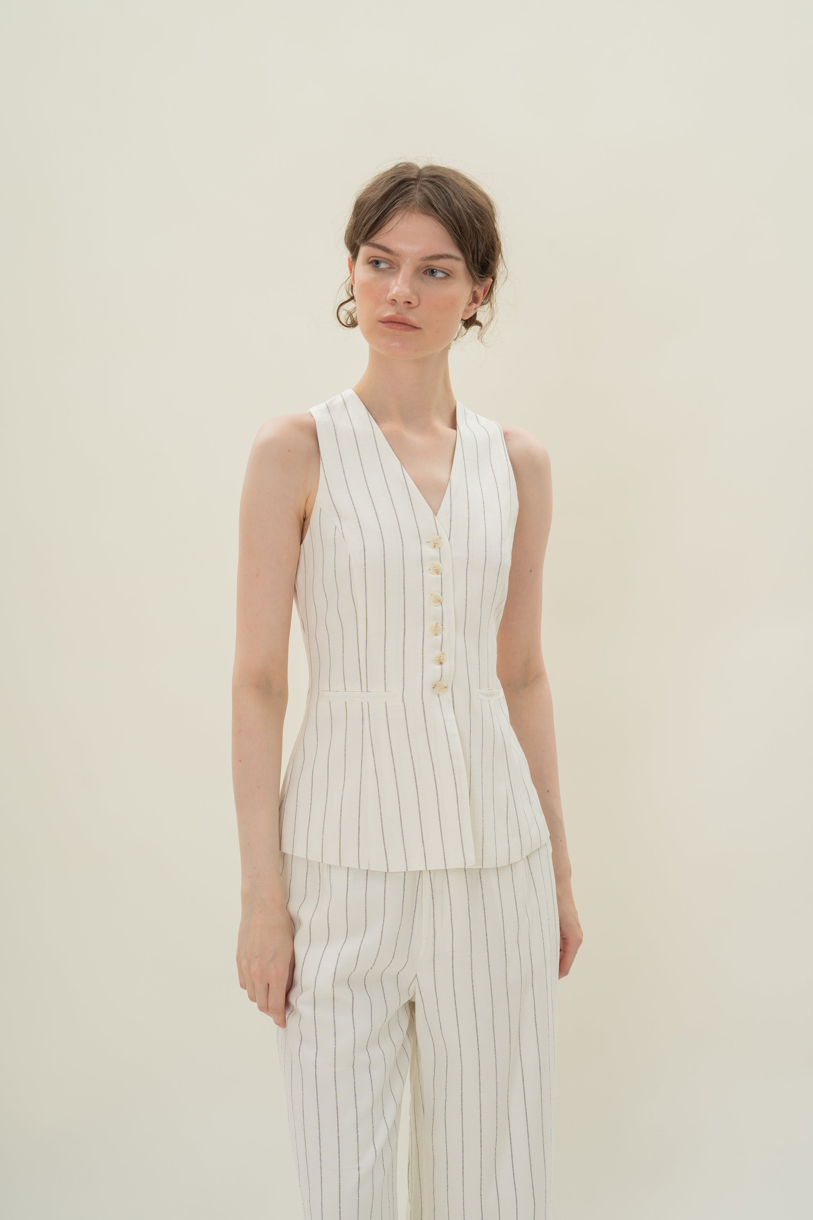 Linen Blend Longline Waistcoat in White Stripes