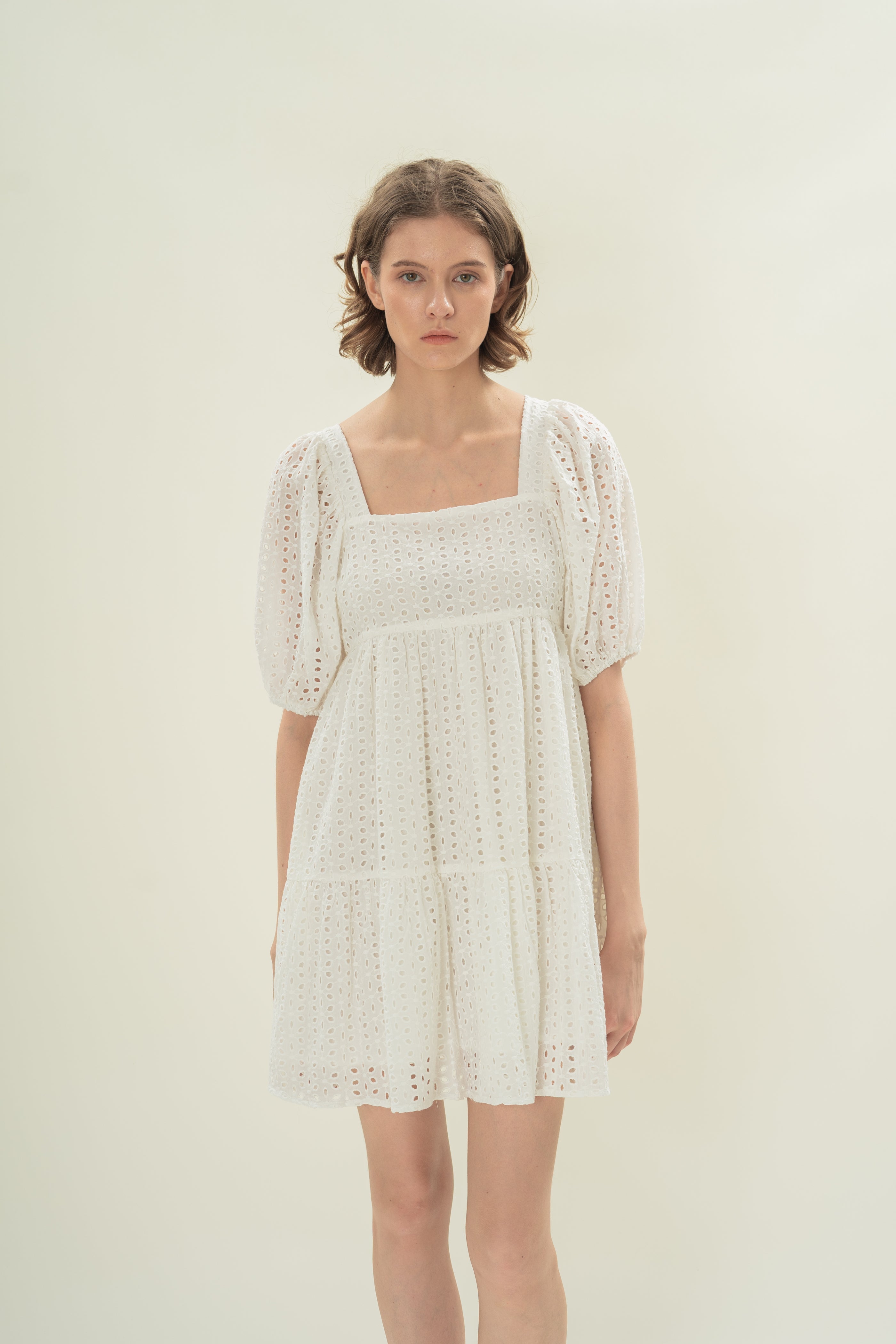 Broderie Square Neck Mini Dress in White