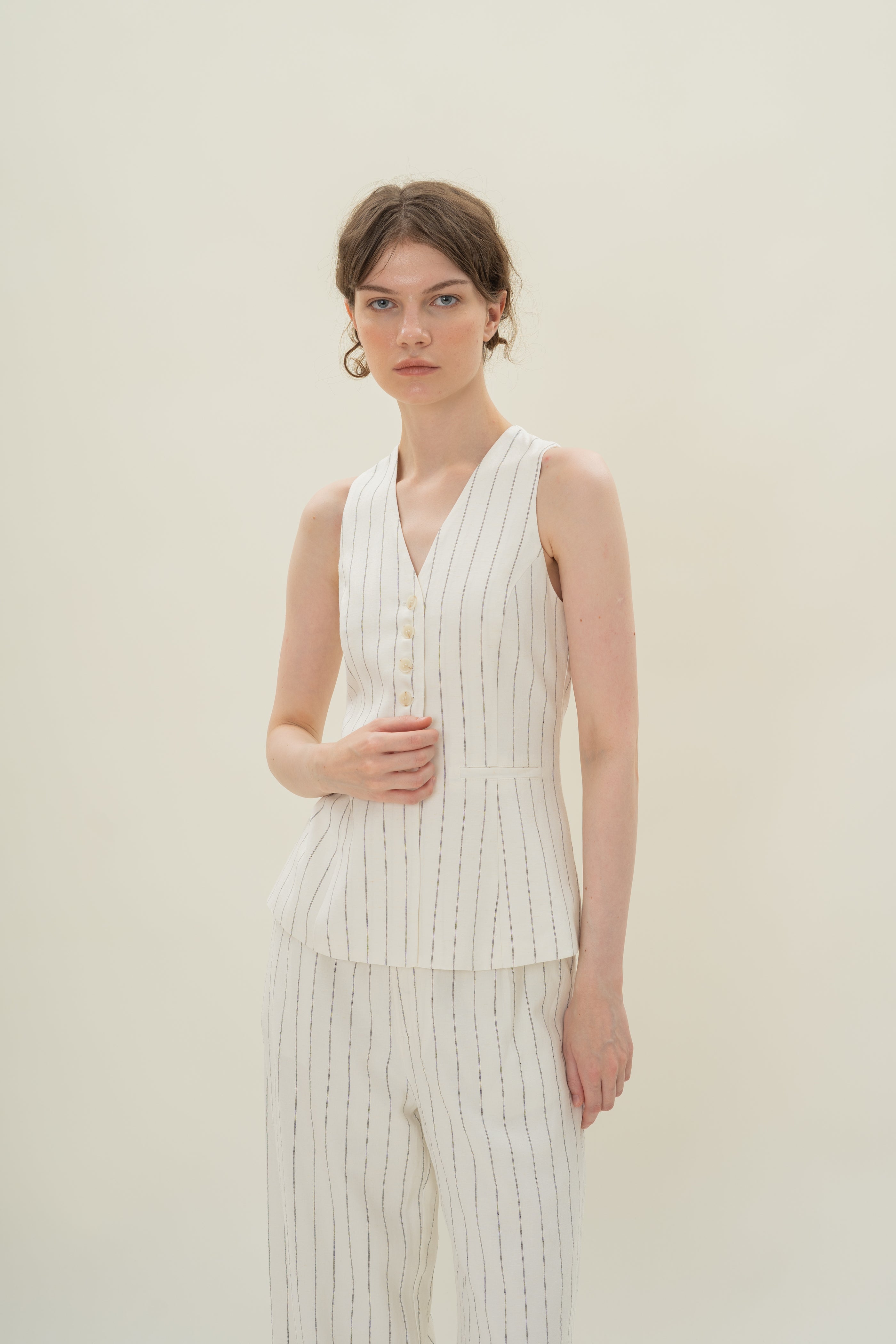 Linen Blend Longline Waistcoat in White Stripes