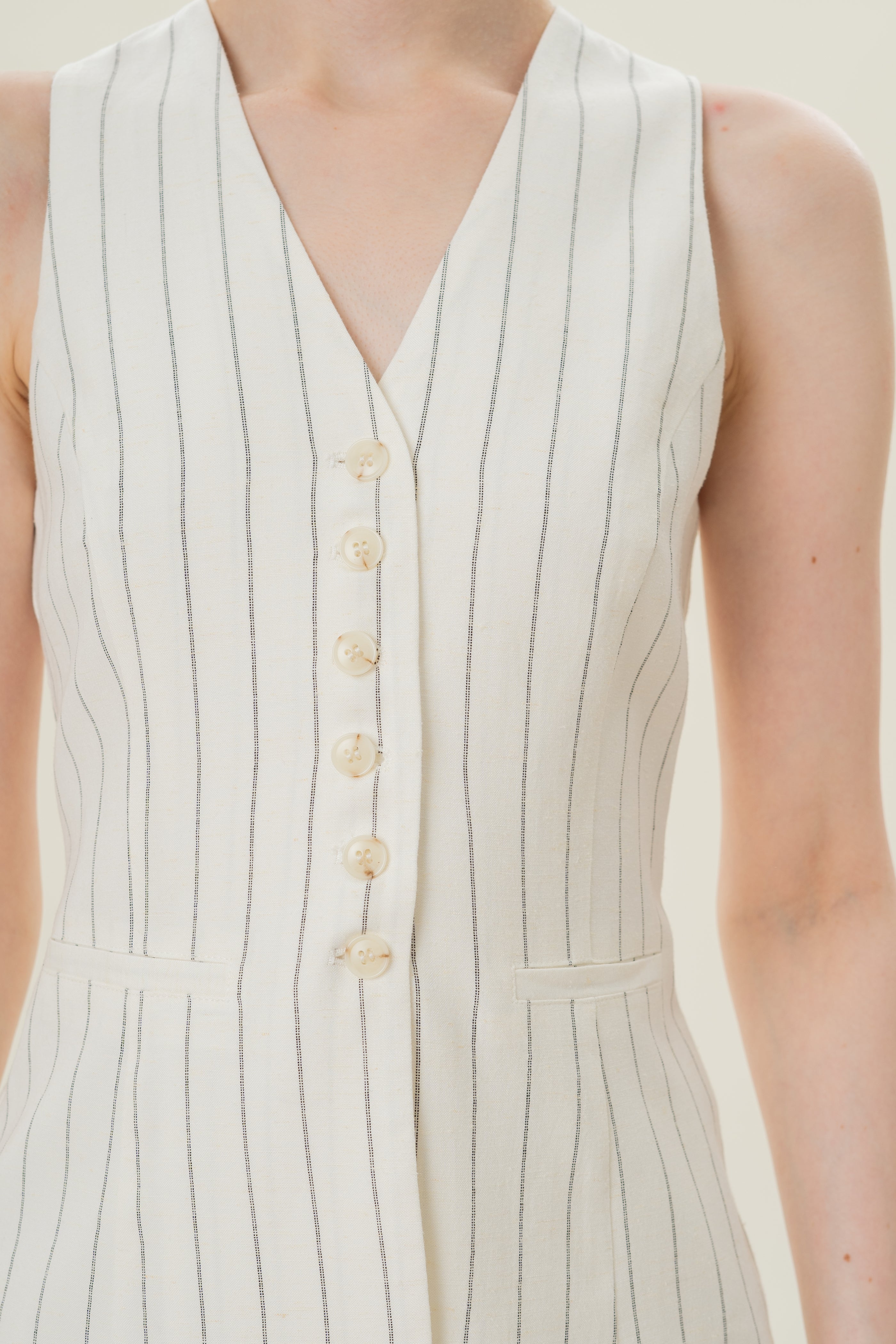 Linen Blend Longline Waistcoat in White Stripes