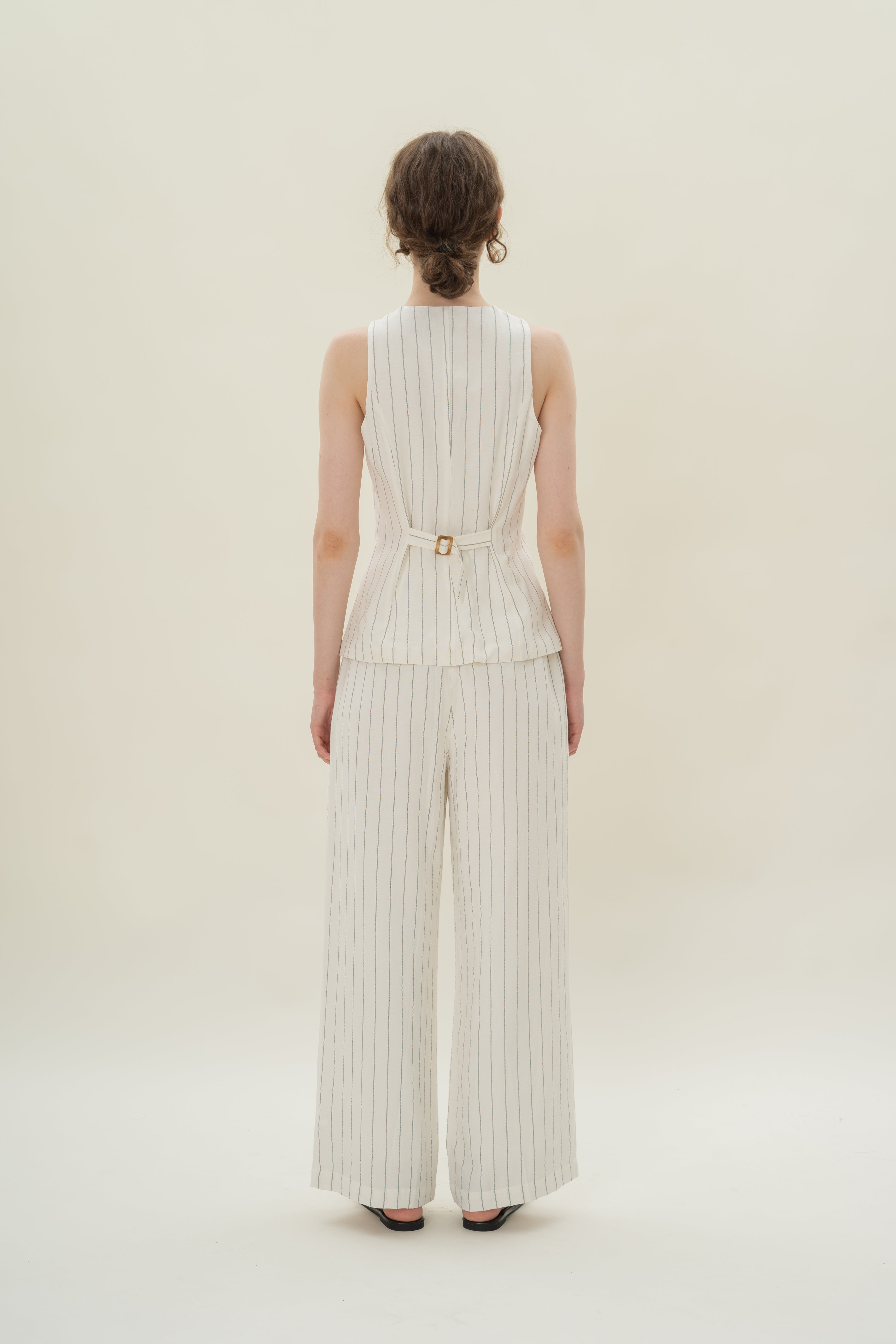 Linen Blend Longline Waistcoat in White Stripes