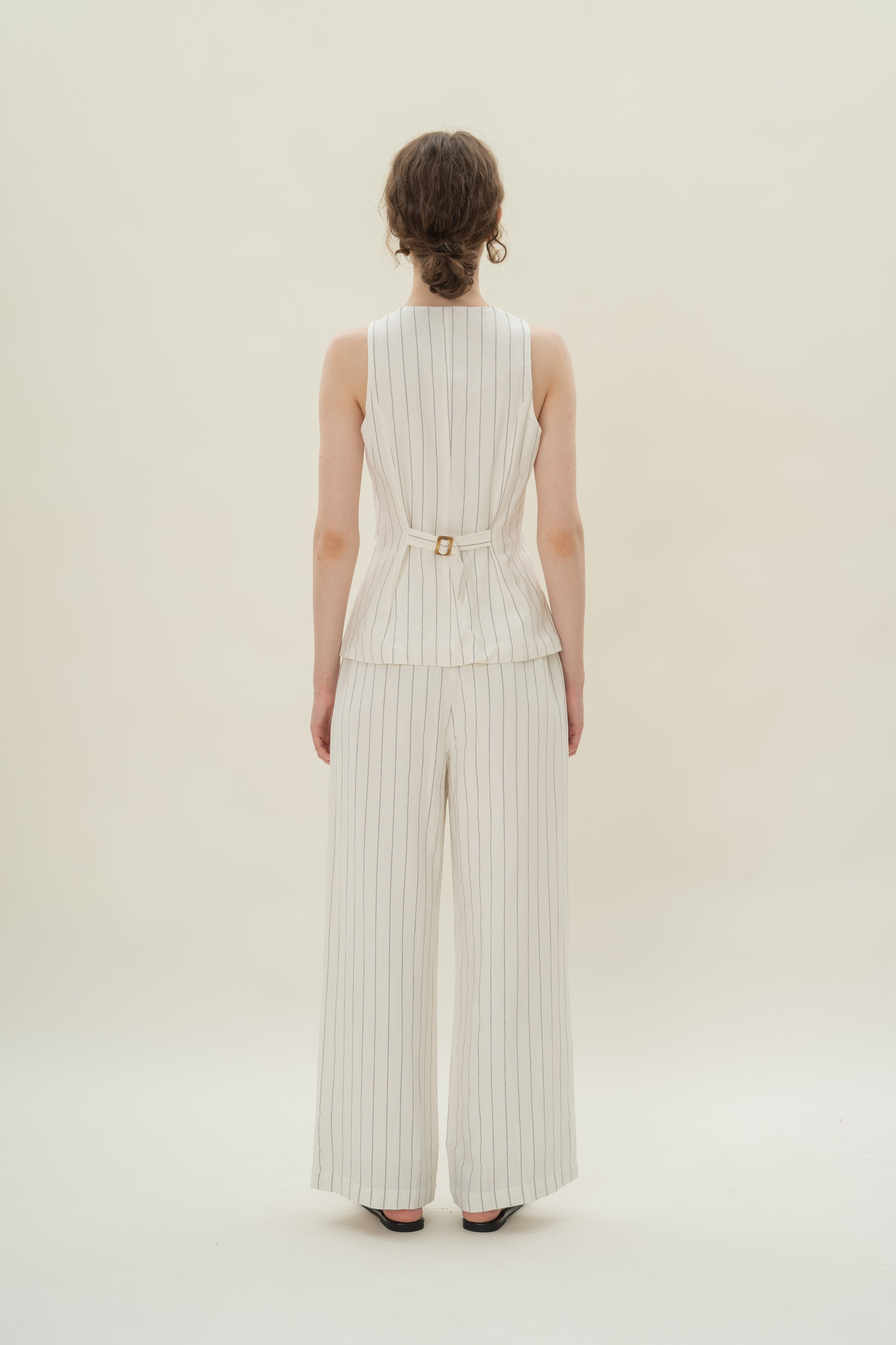 Linen Blend Longline Waistcoat in White Stripes