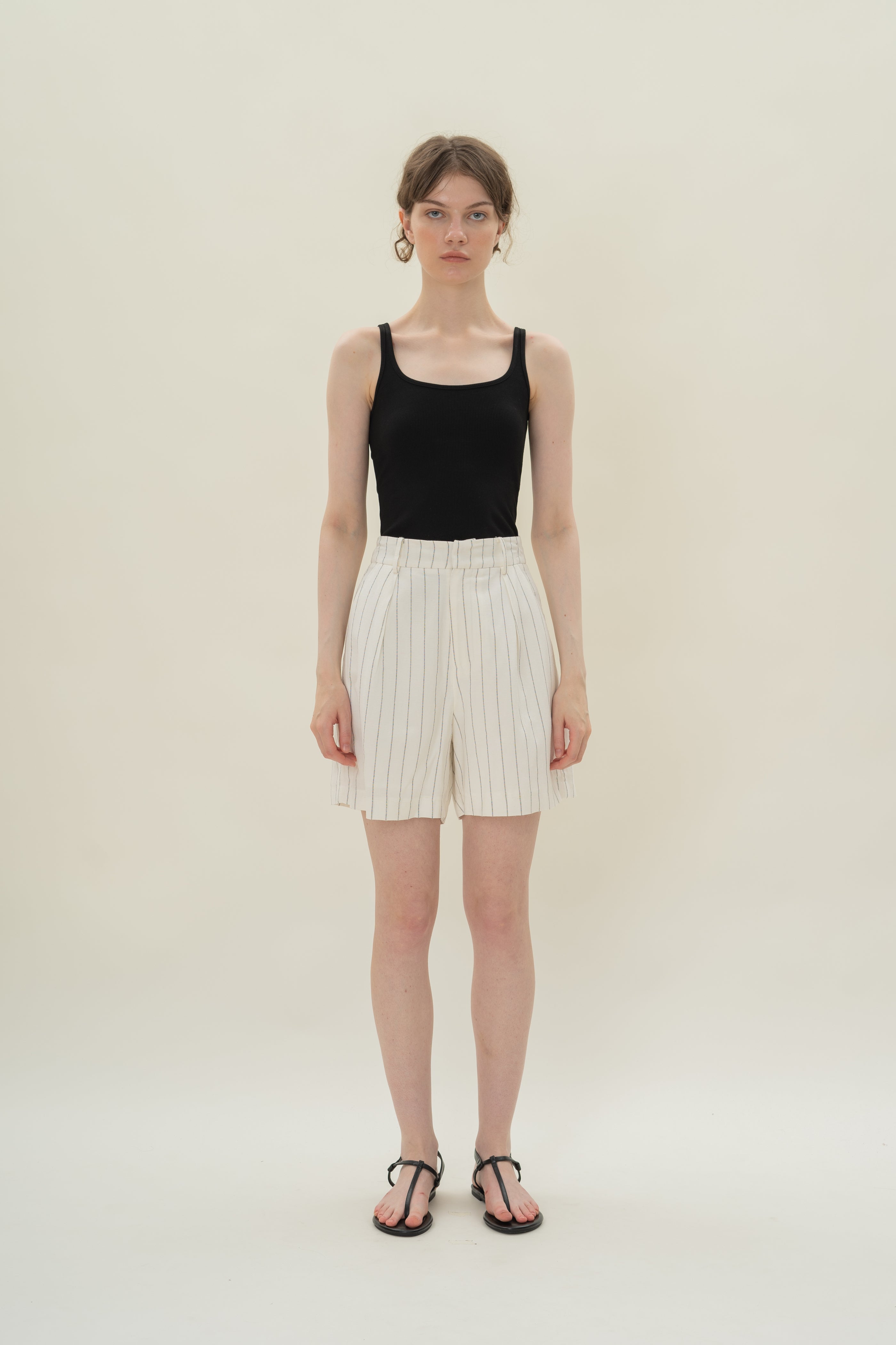 Pleated Linen Long Shorts in White Stripes