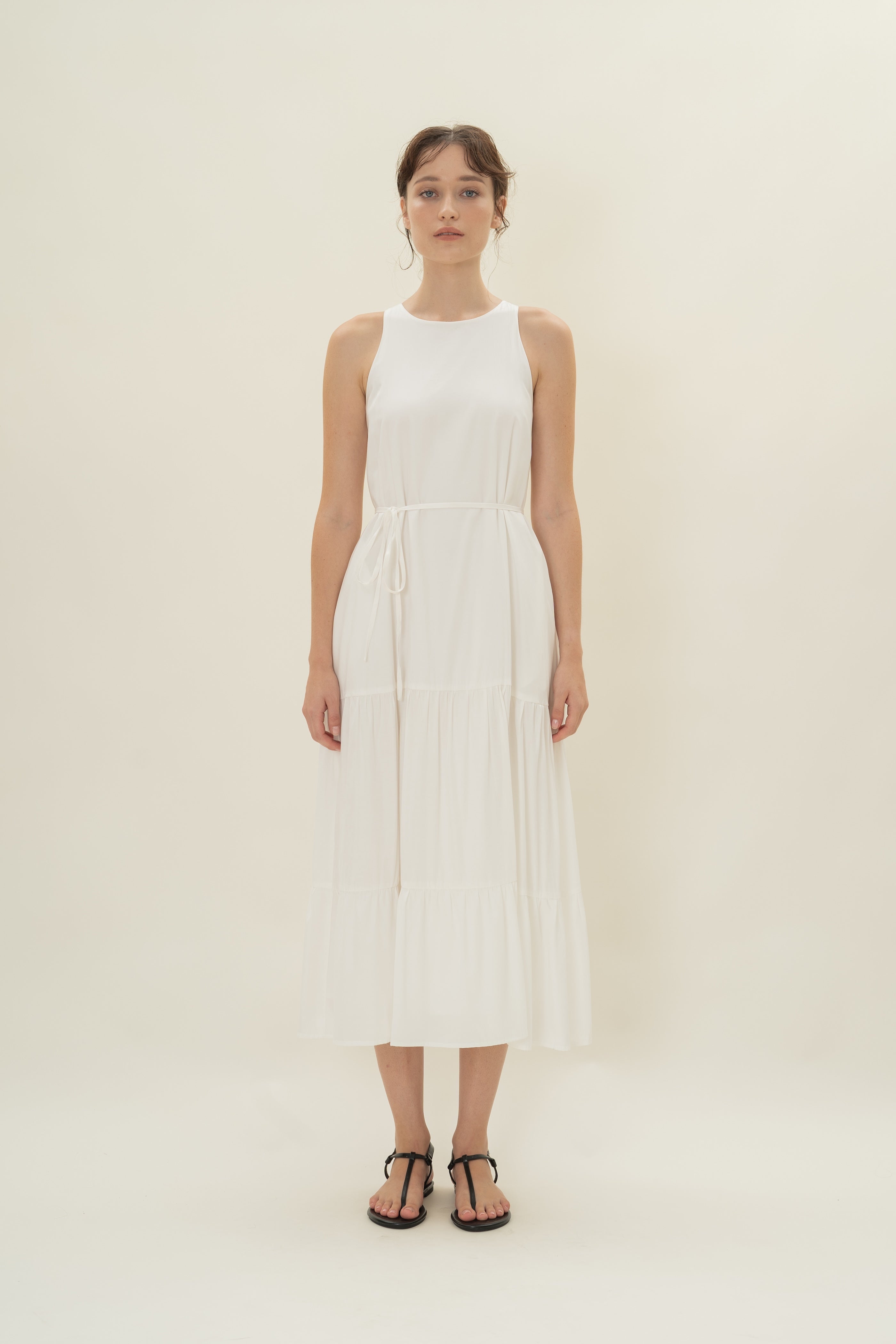 Cotton Blend Tiered Maxi Dress in White