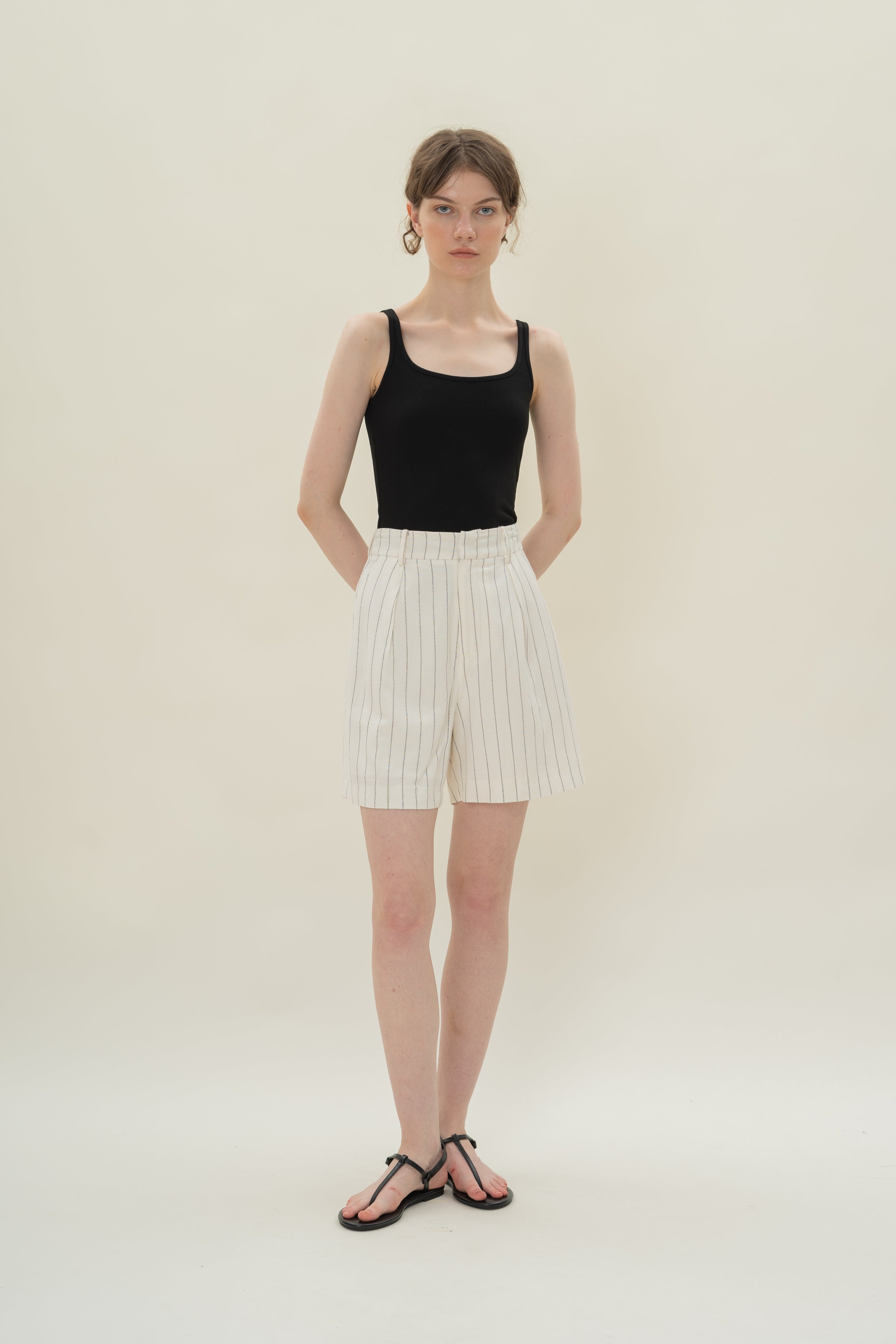 Pleated Linen Long Shorts in White Stripes