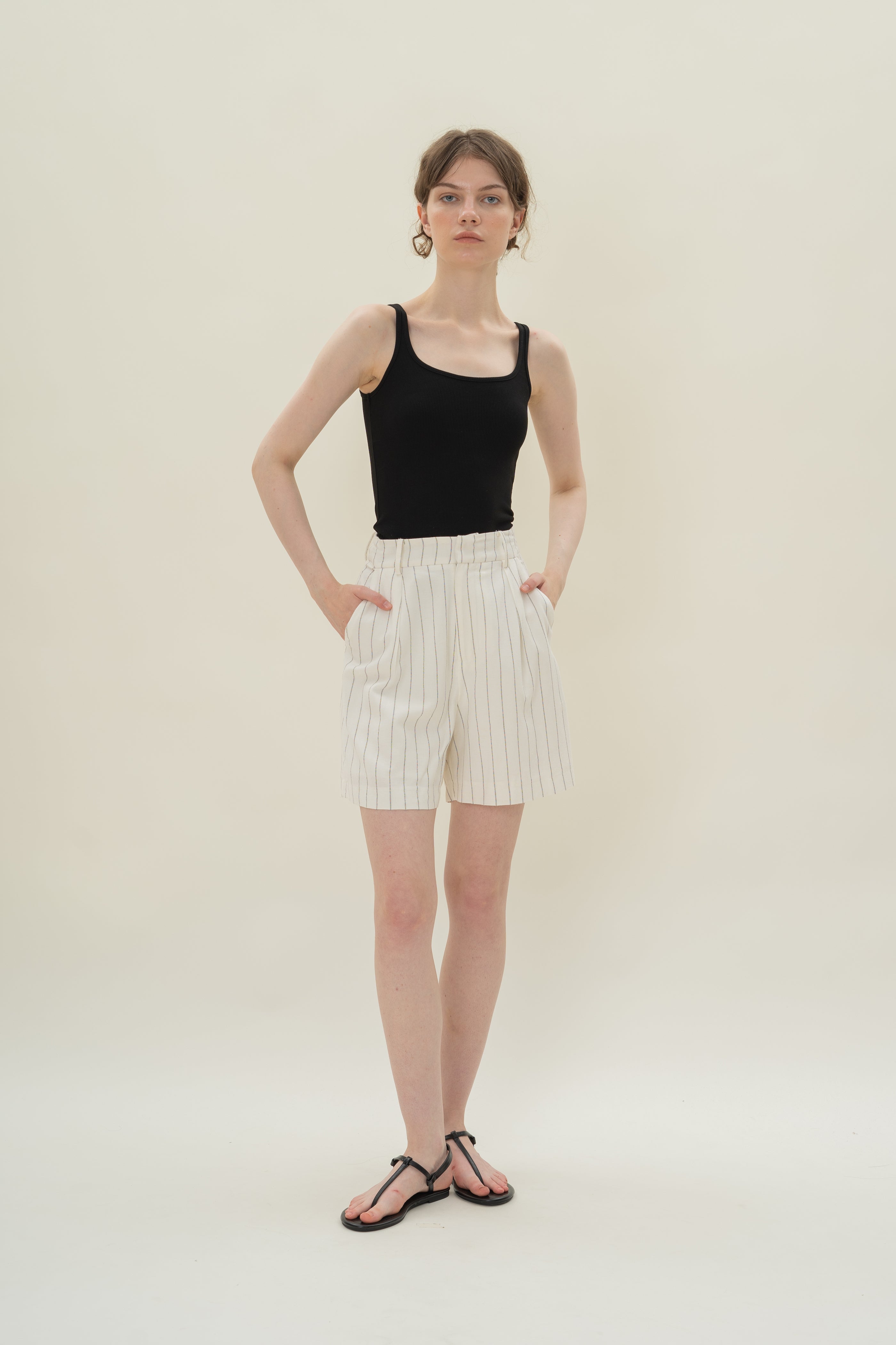 Pleated Linen Long Shorts in White Stripes