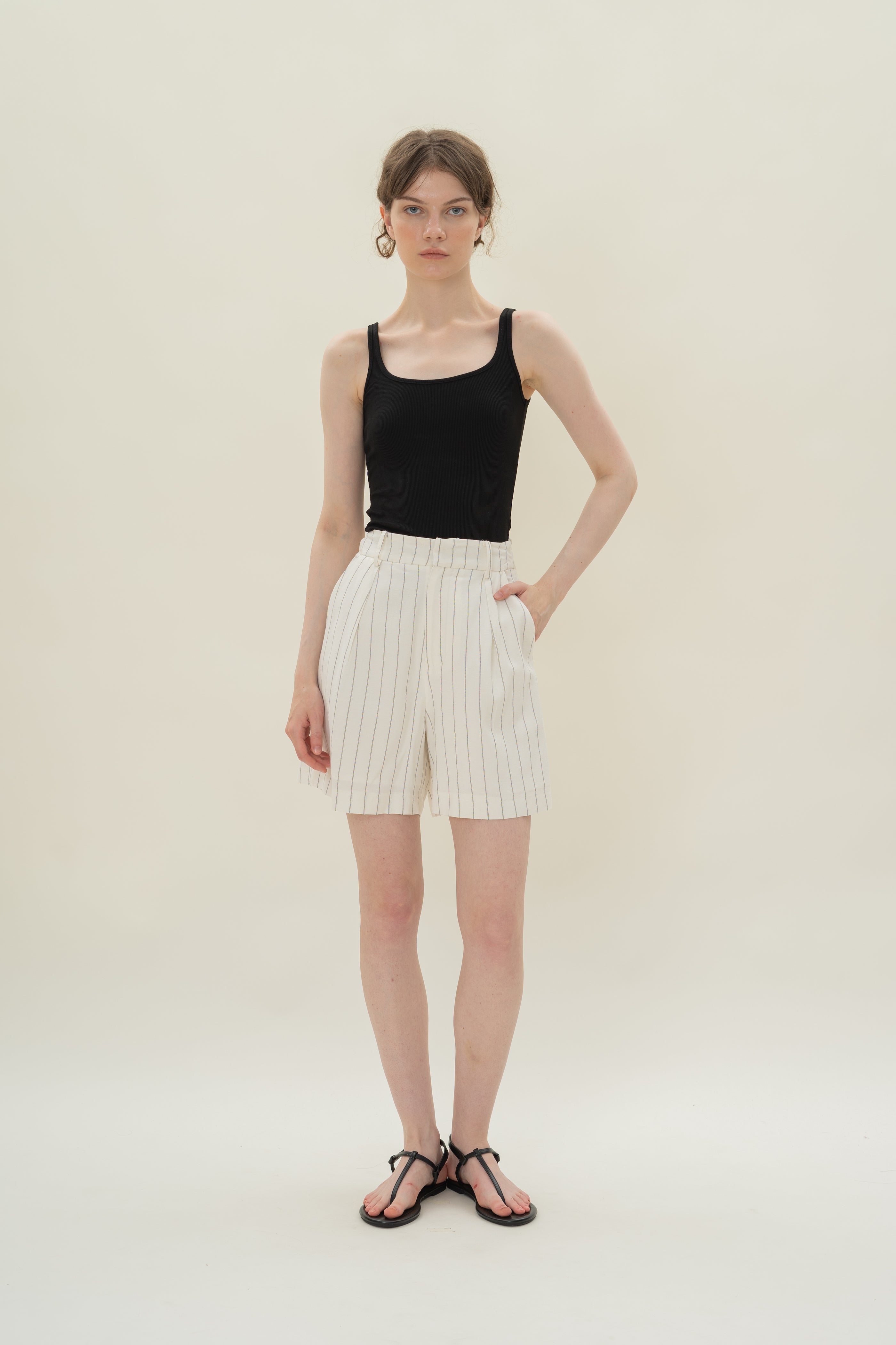 Pleated Linen Long Shorts in White Stripes