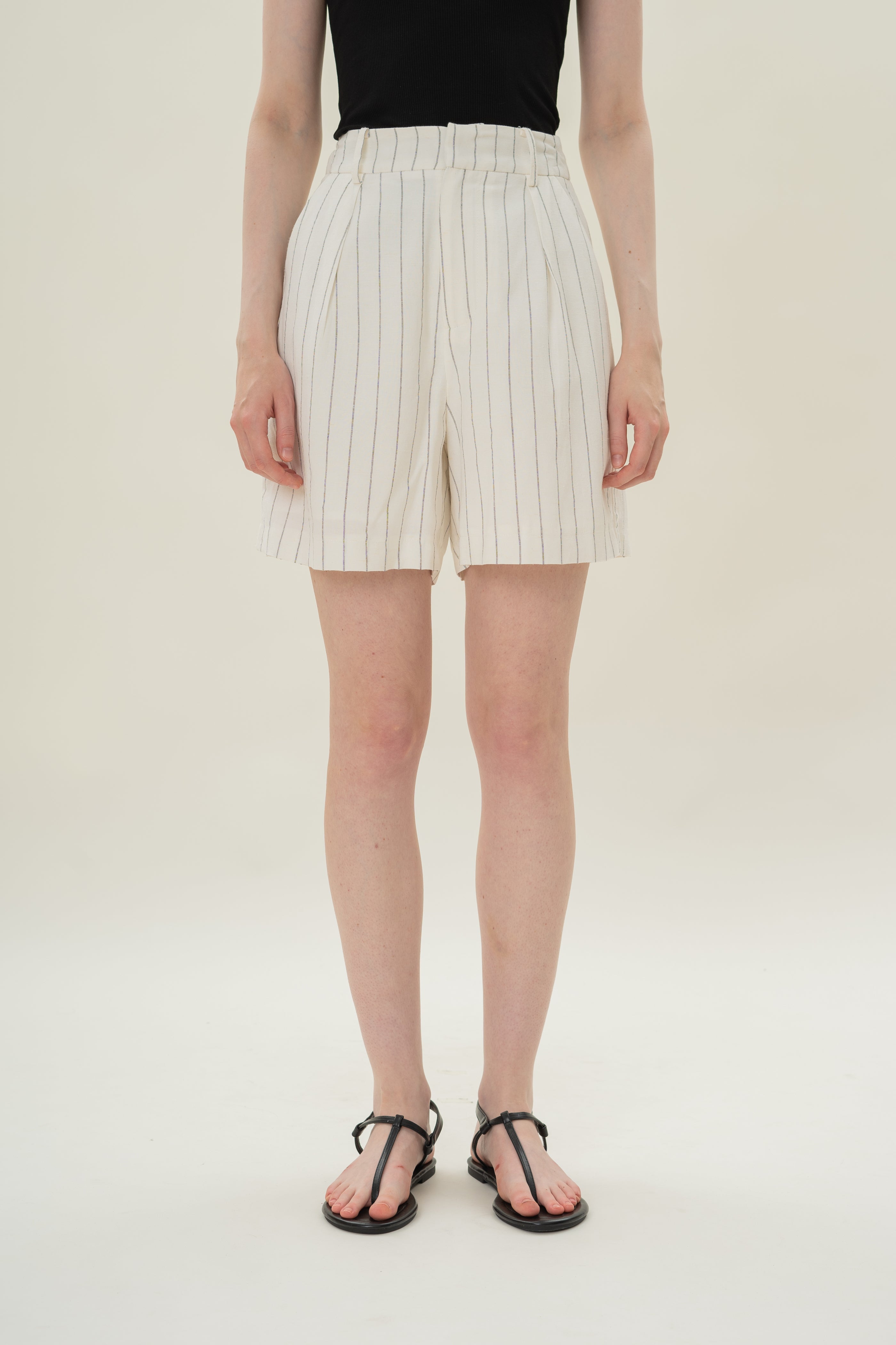 Pleated Linen Long Shorts in White Stripes