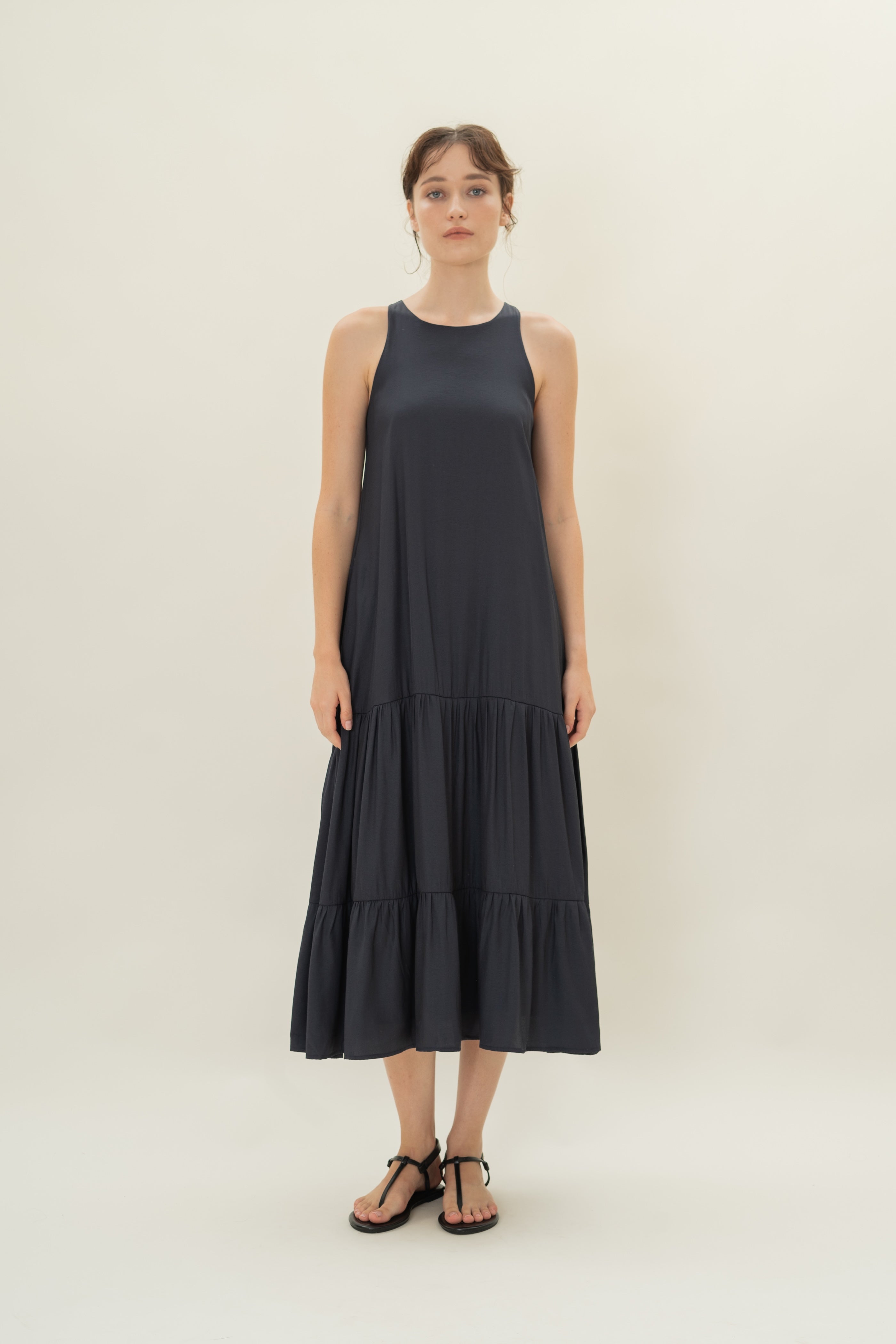 Cotton Blend Tiered Maxi Dress in Dark Navy