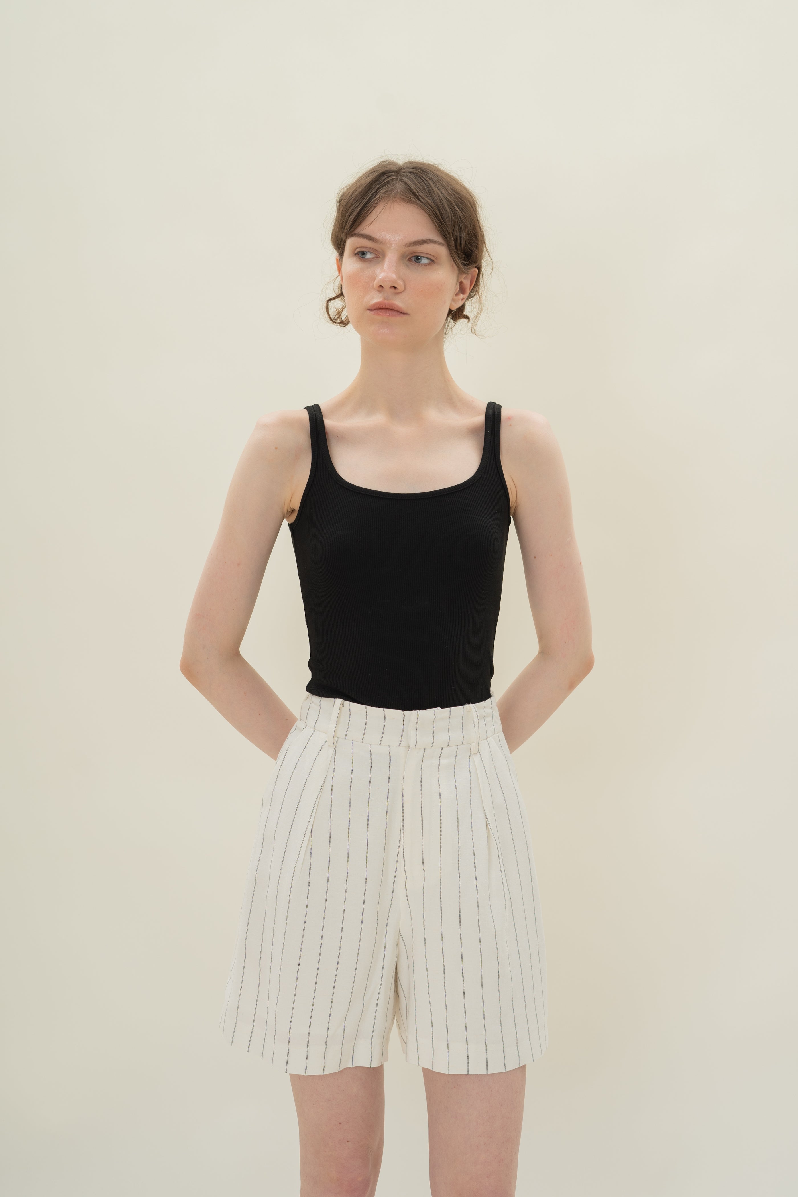 Pleated Linen Long Shorts in White Stripes