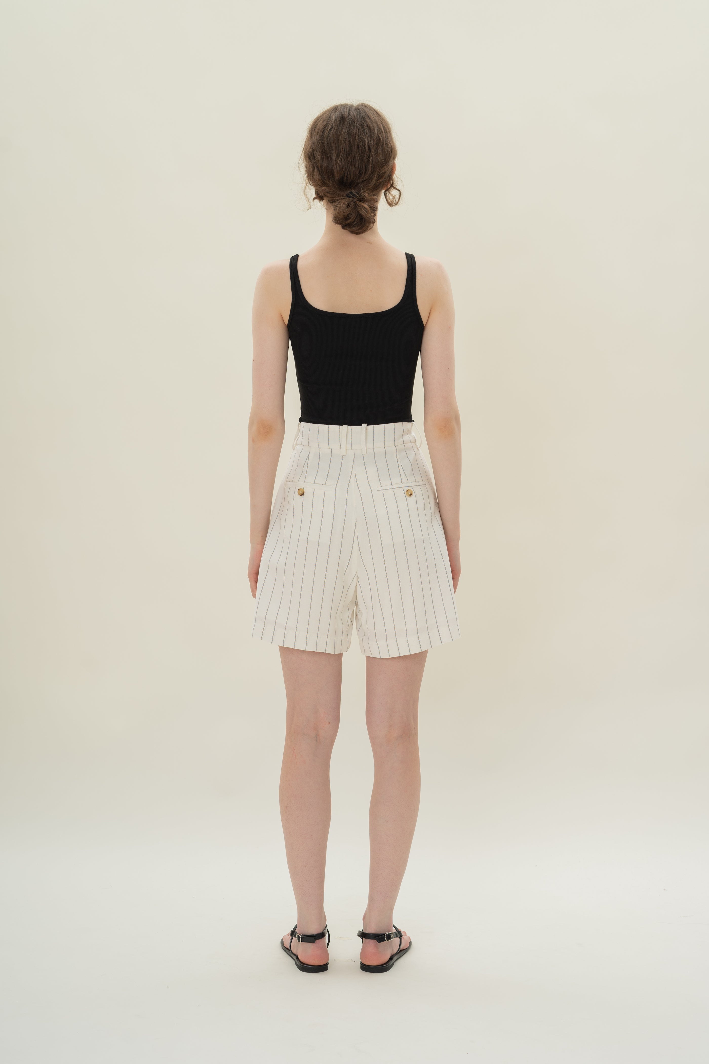 Pleated Linen Long Shorts in White Stripes