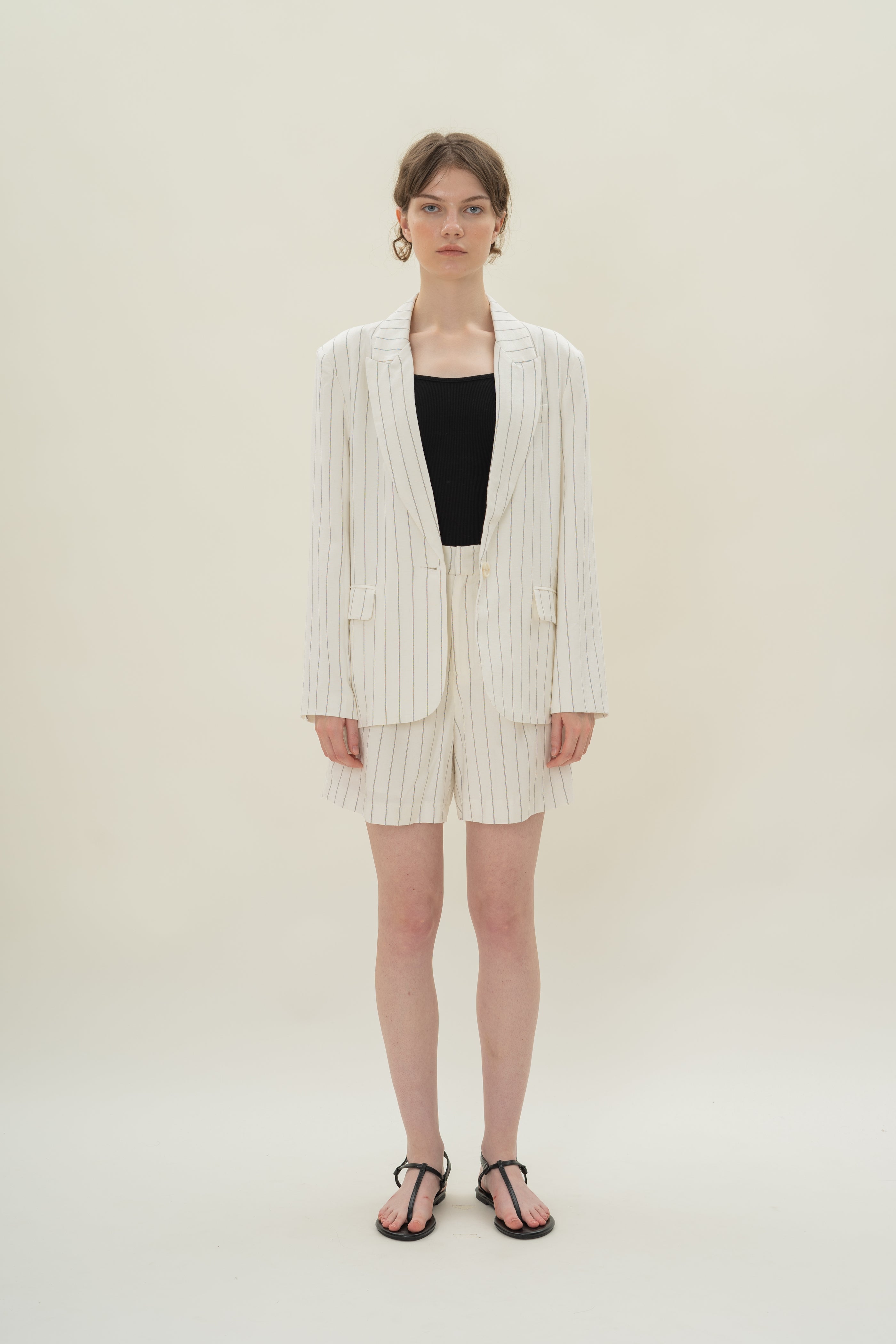 Linen Blend Blazer in White Stripes