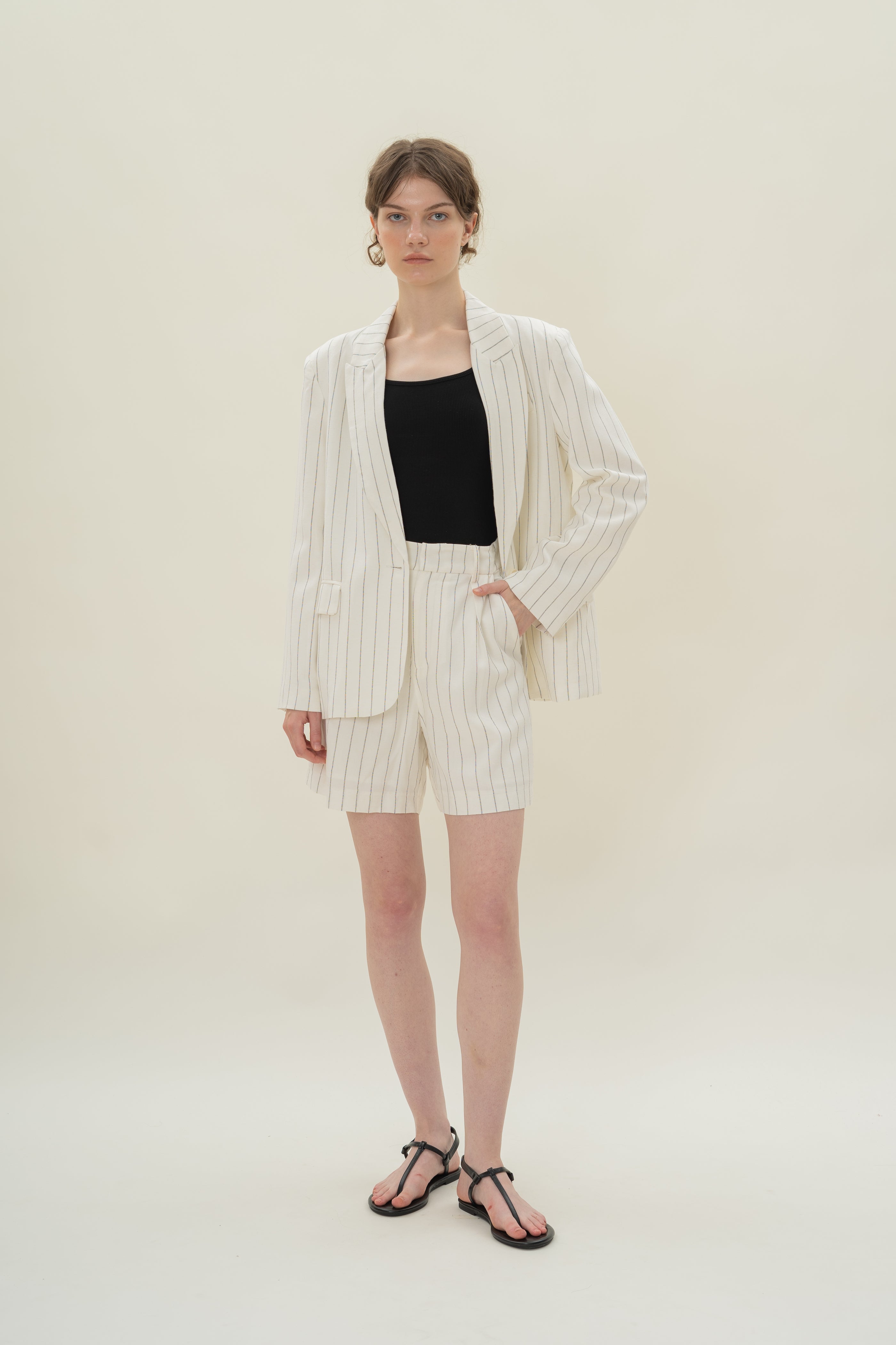 Linen Blend Blazer in White Stripes