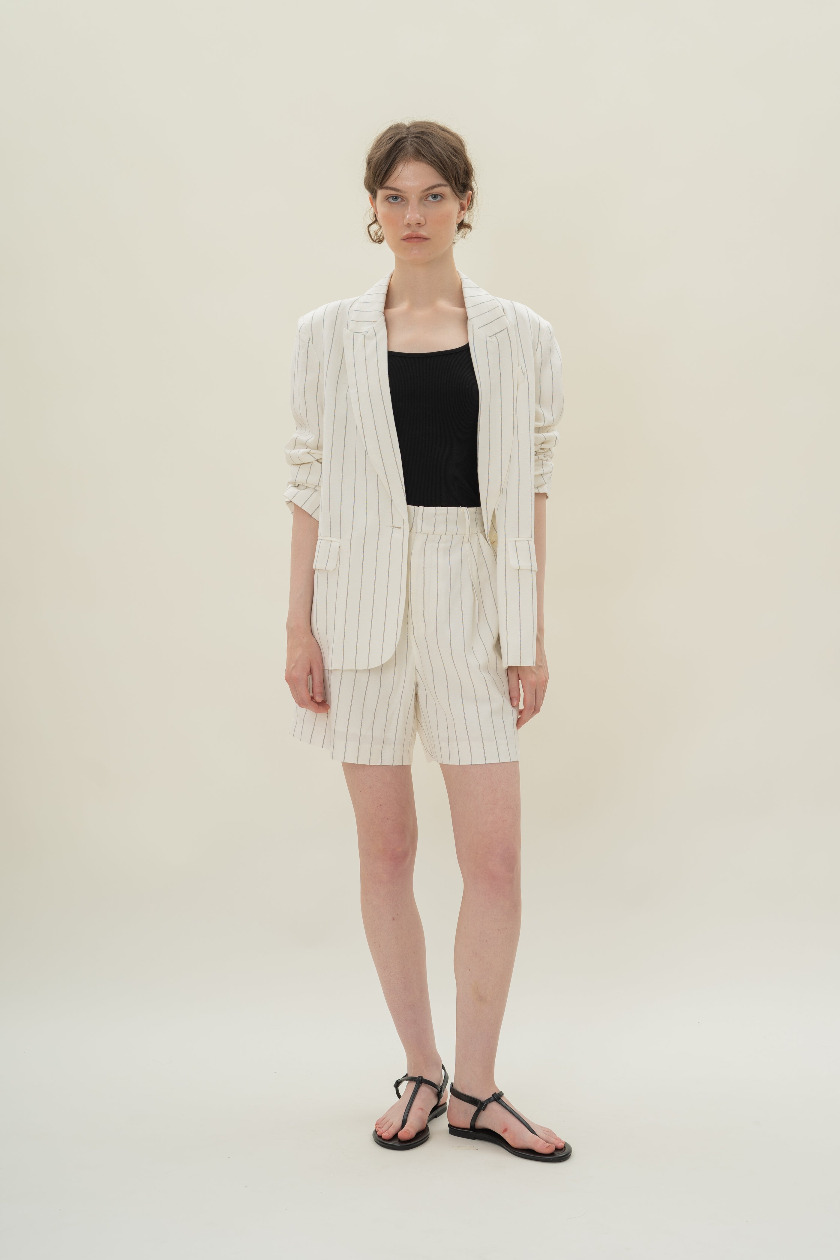 Linen Blend Blazer in White Stripes