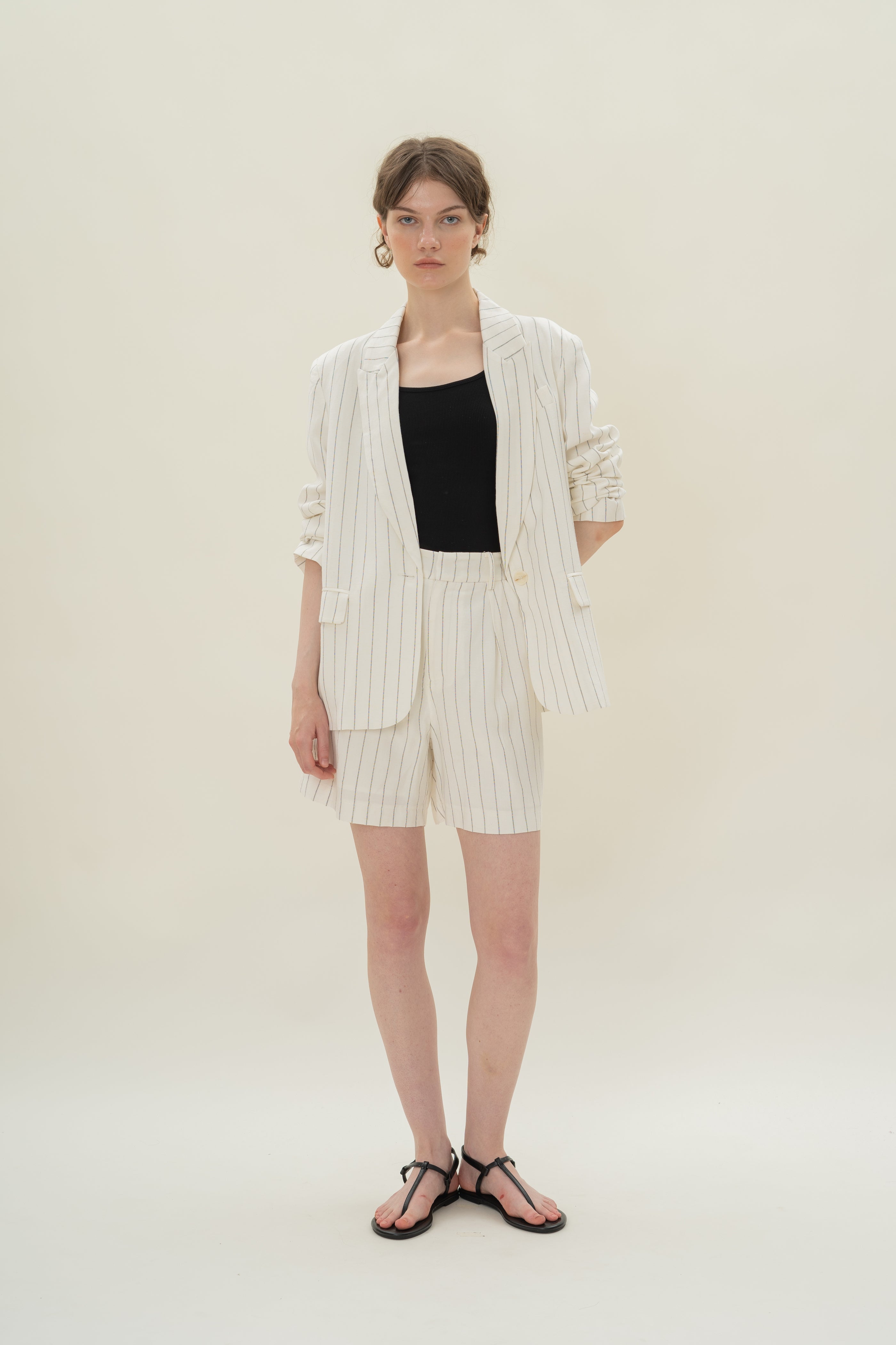 Linen Blend Blazer in White Stripes