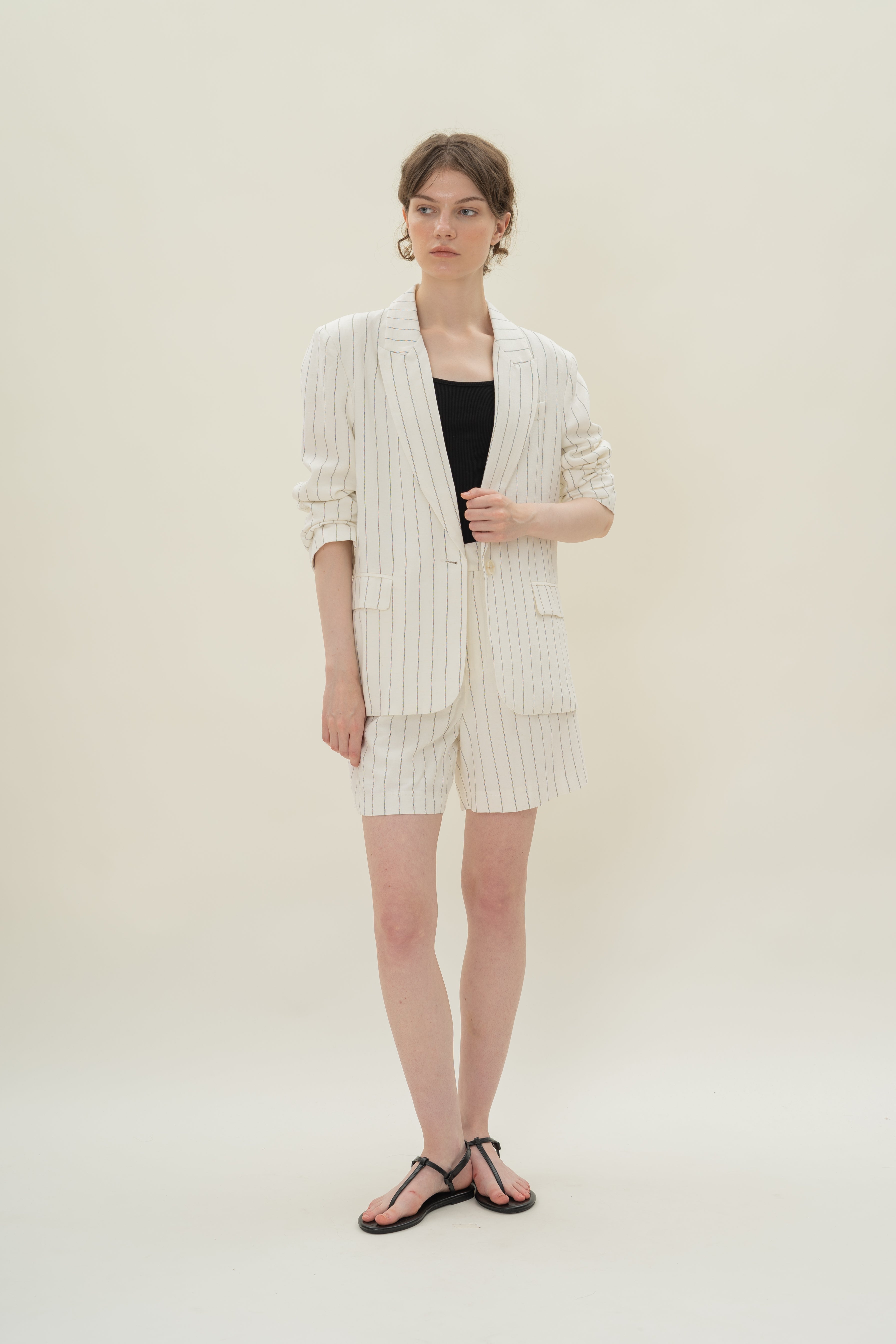 Linen Blend Blazer in White Stripes