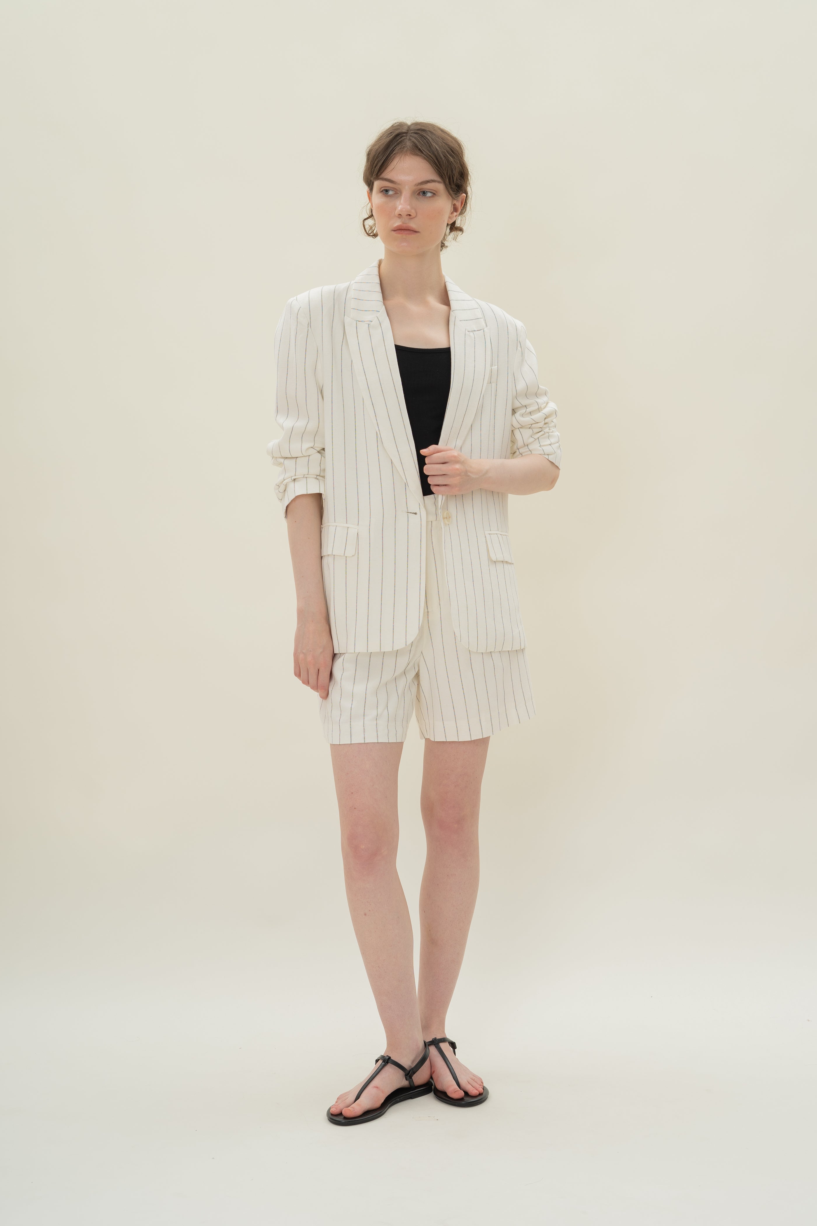 Linen Blend Blazer in White Stripes