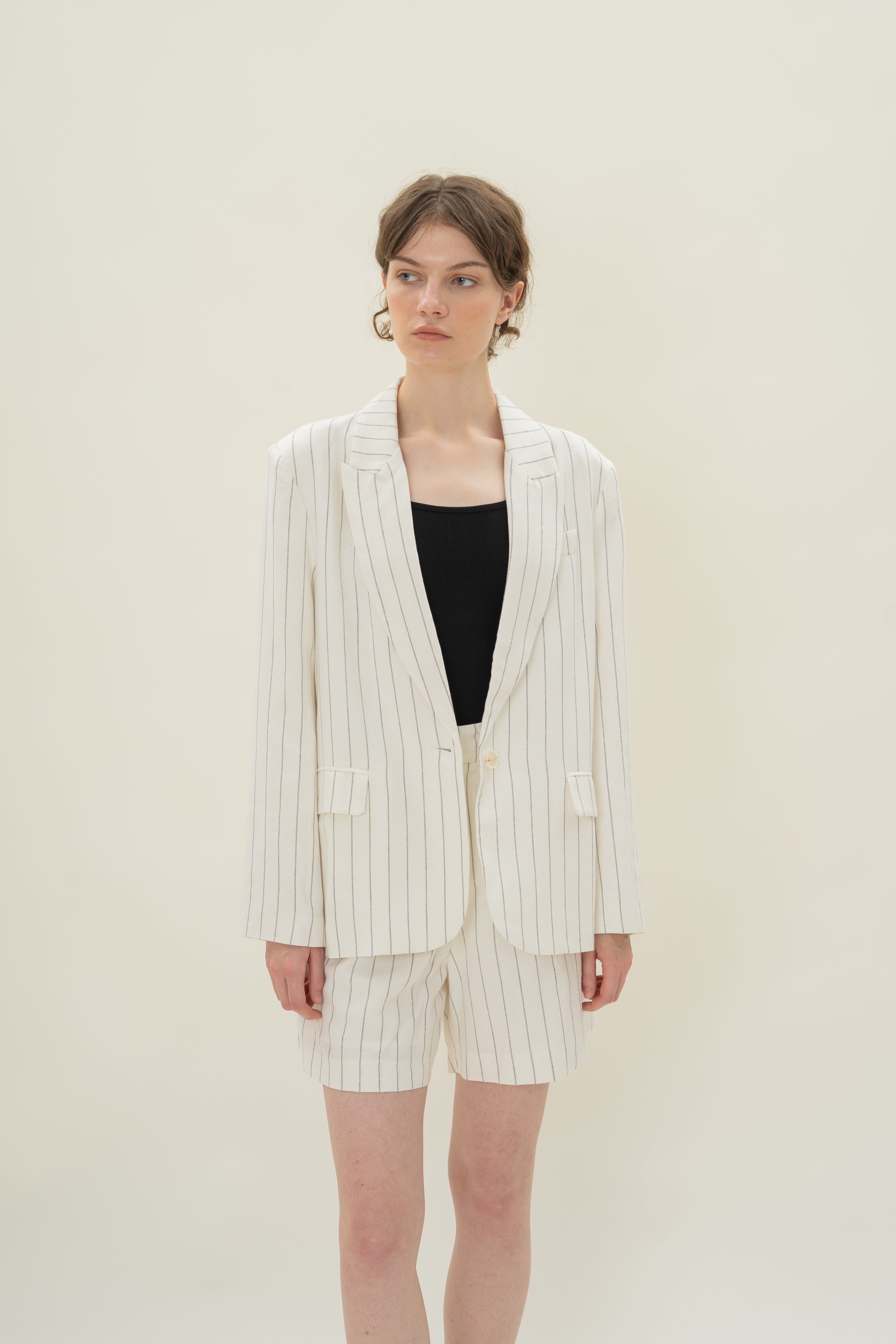 Linen Blend Blazer in White Stripes