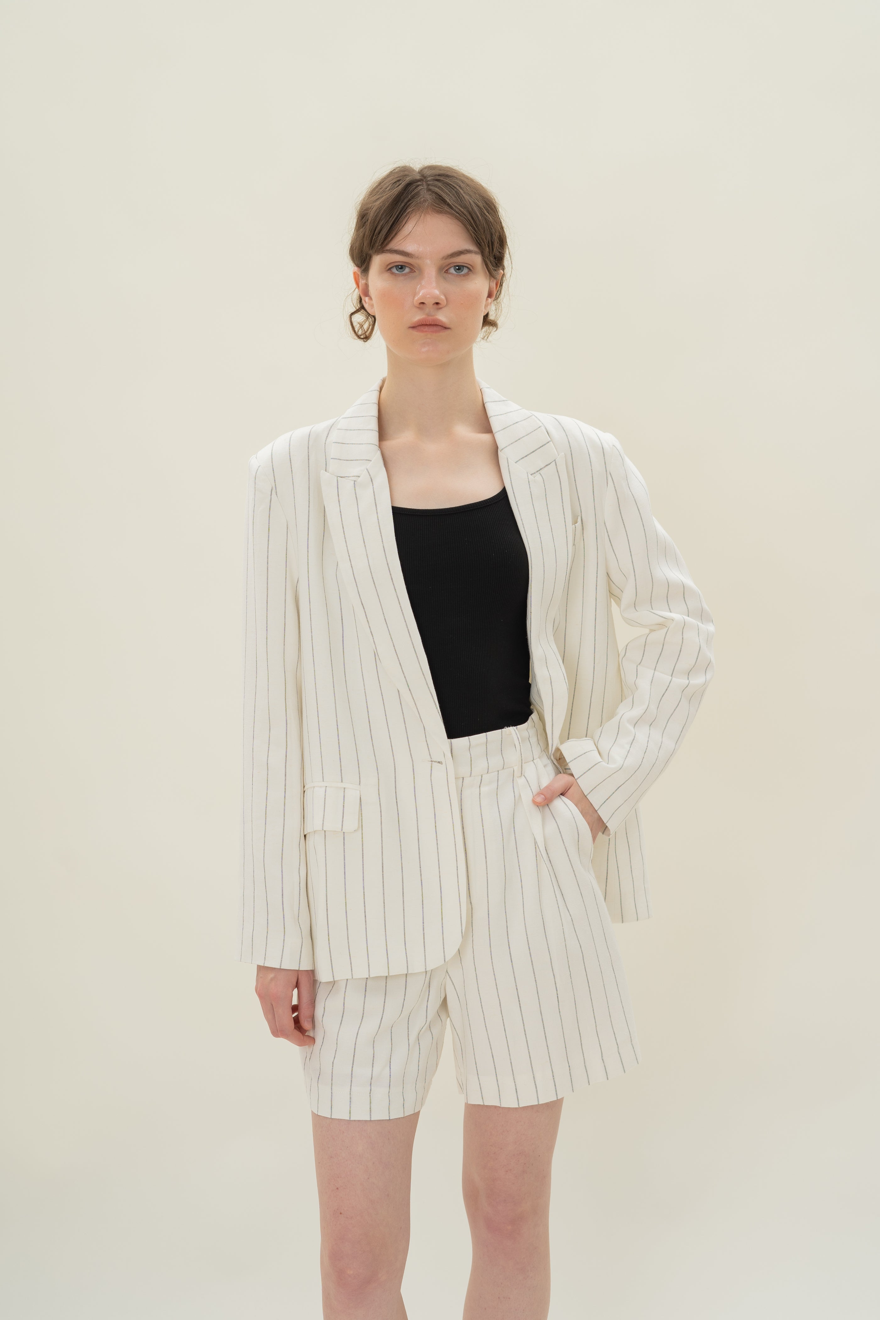 Linen Blend Blazer in White Stripes