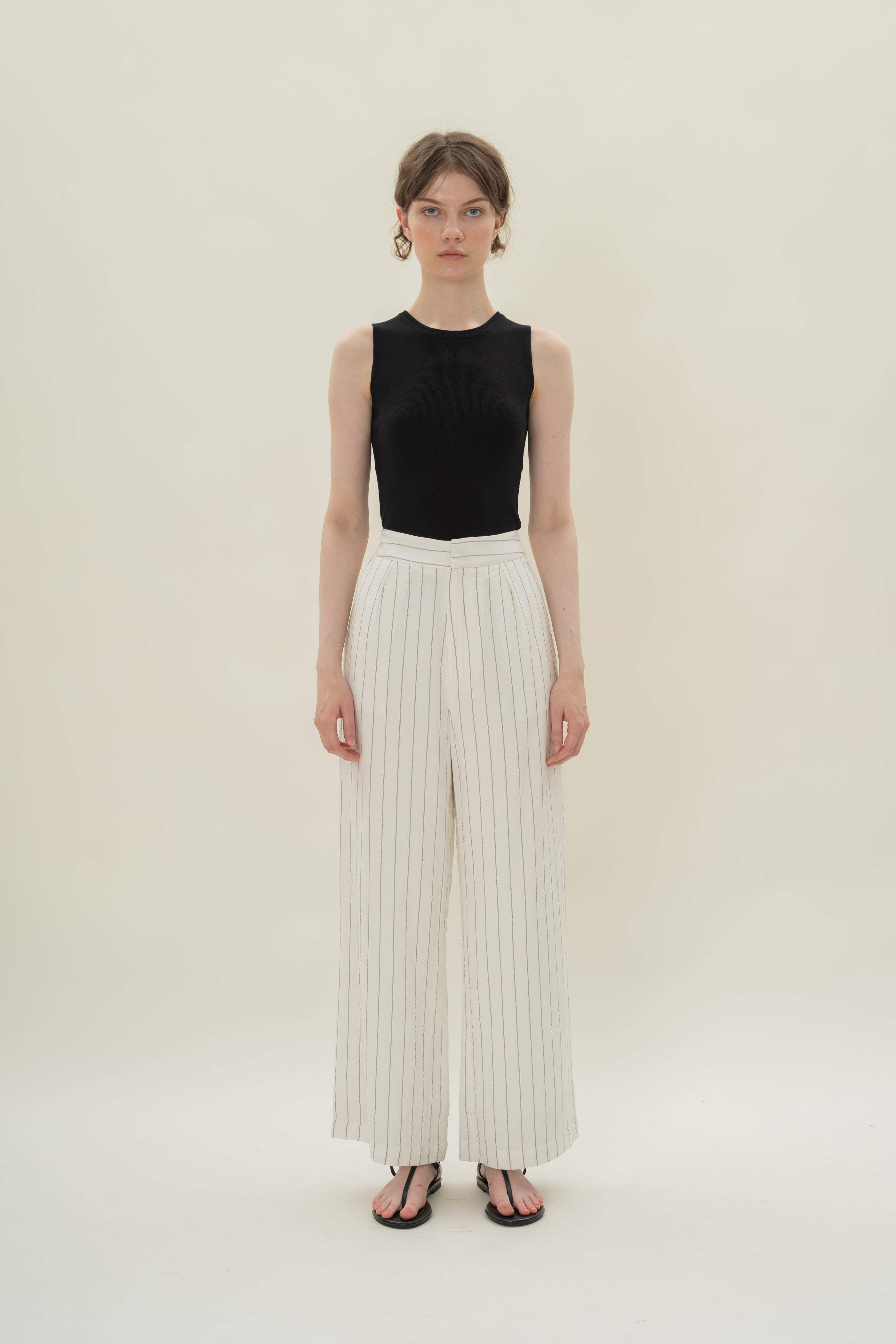 Pleated Linen Blend Trousers in White Stripes