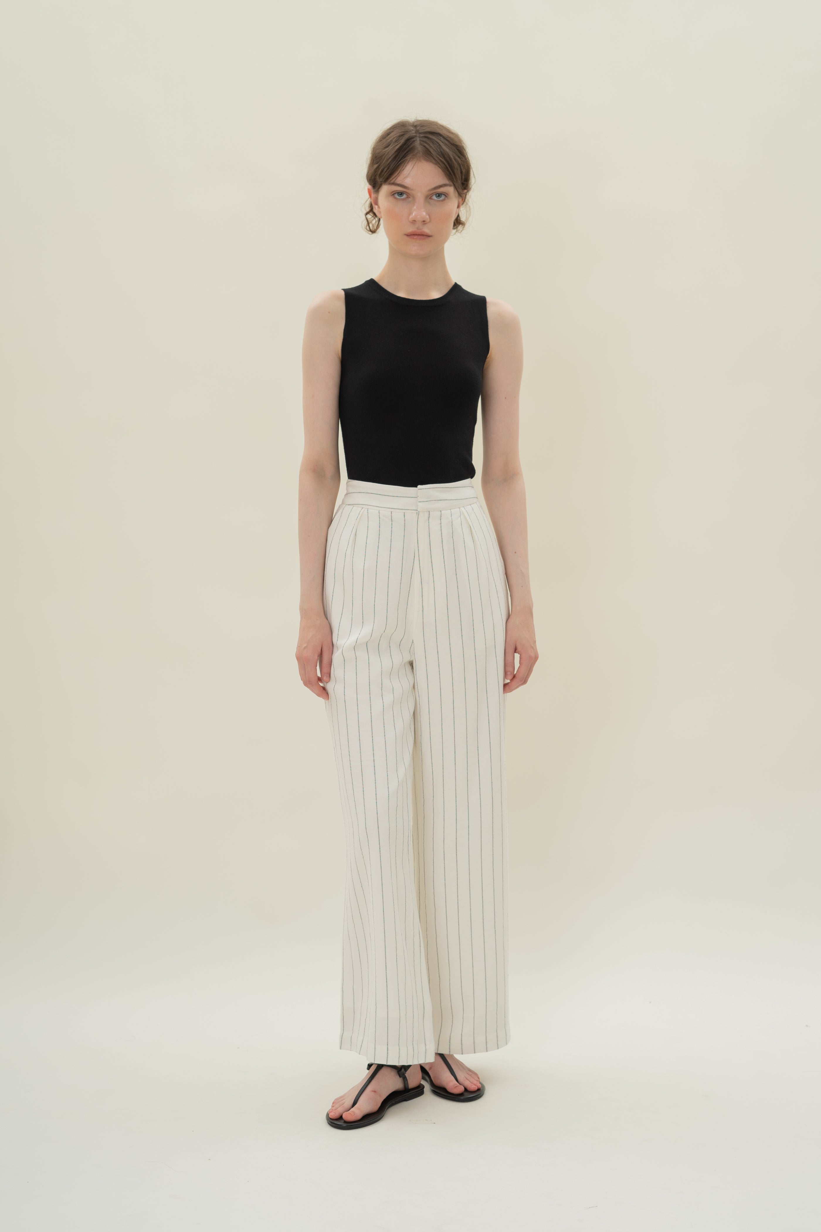 Pleated Linen Blend Trousers in White Stripes