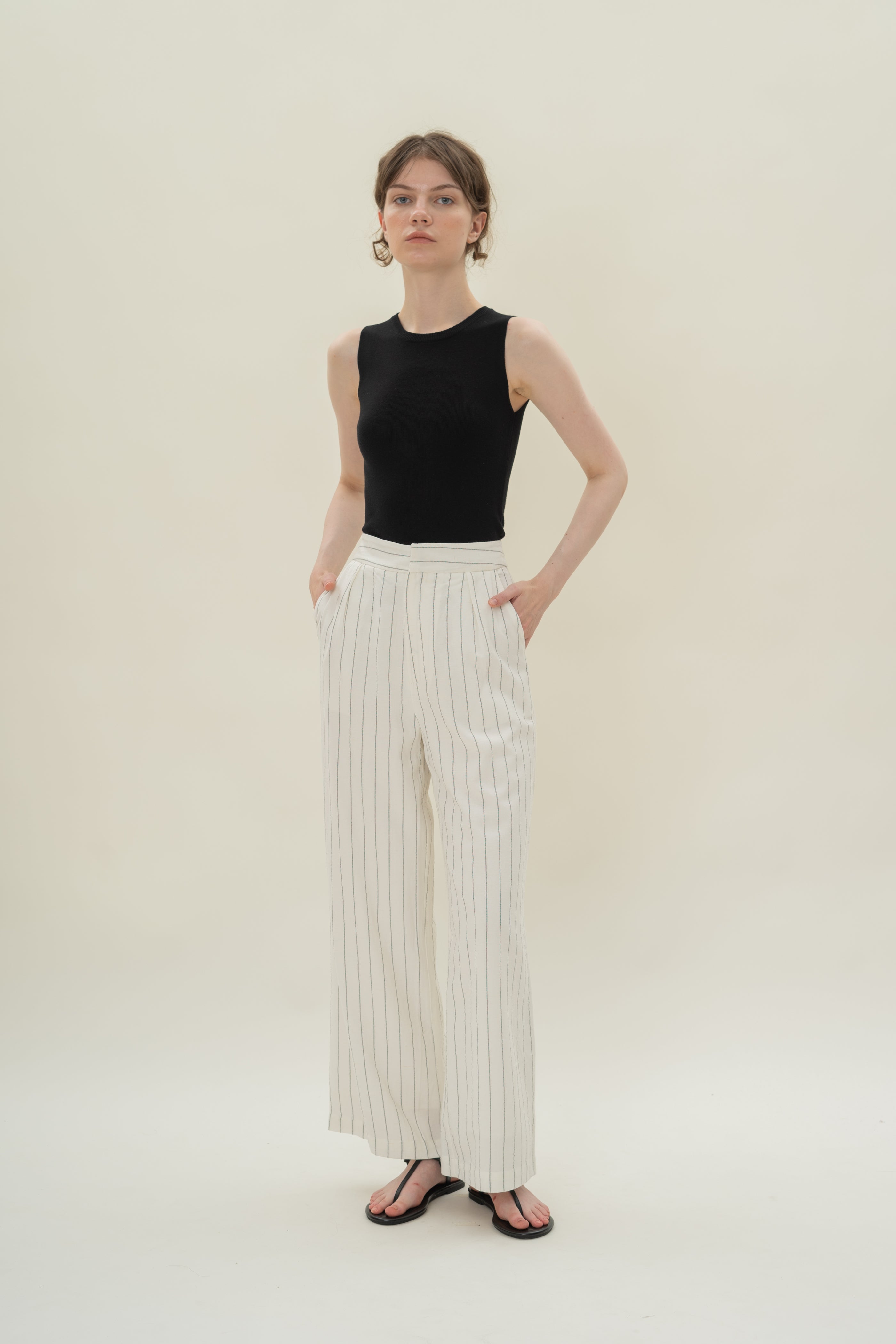 Pleated Linen Blend Trousers in White Stripes