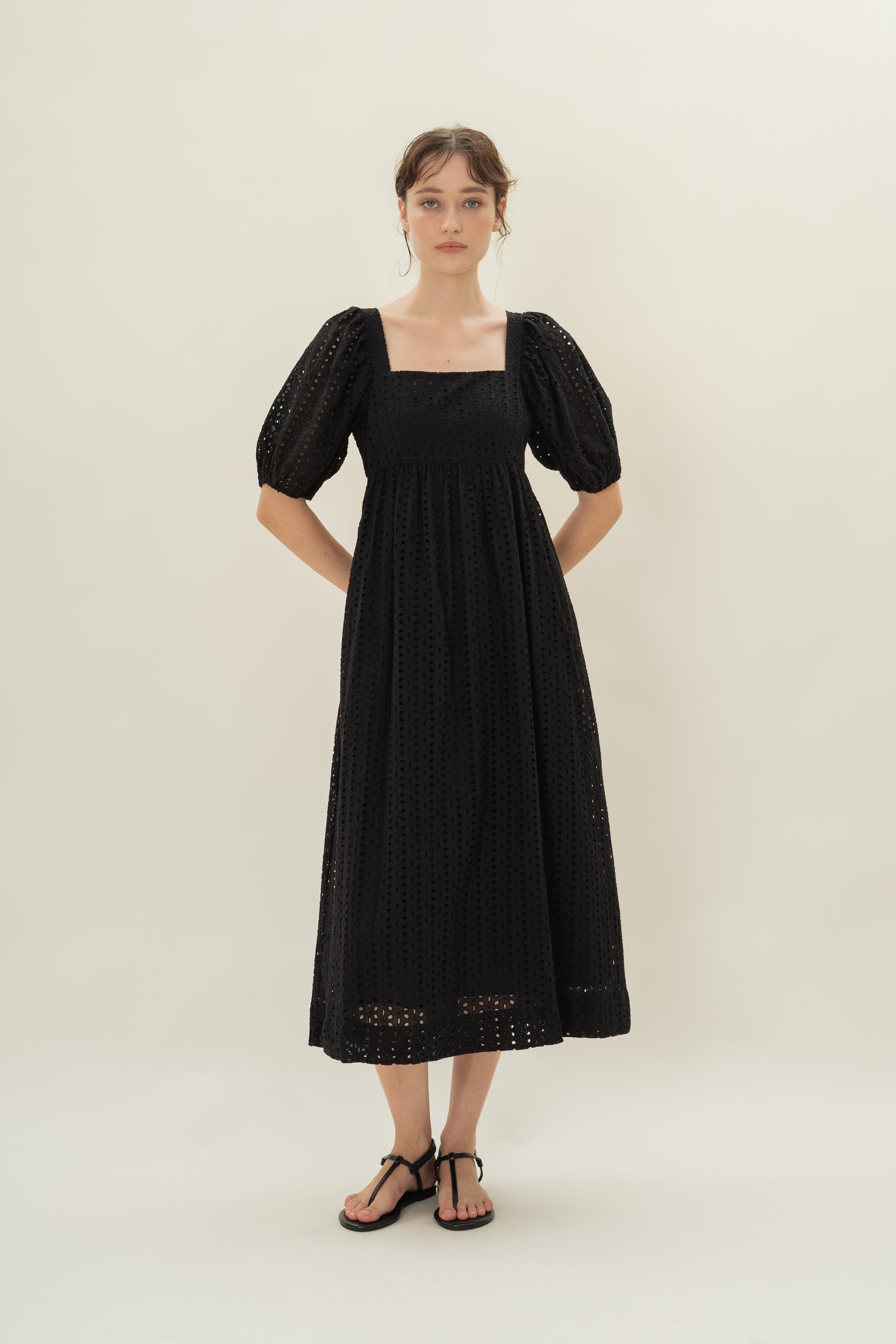 Broderie Midi Dress in Black