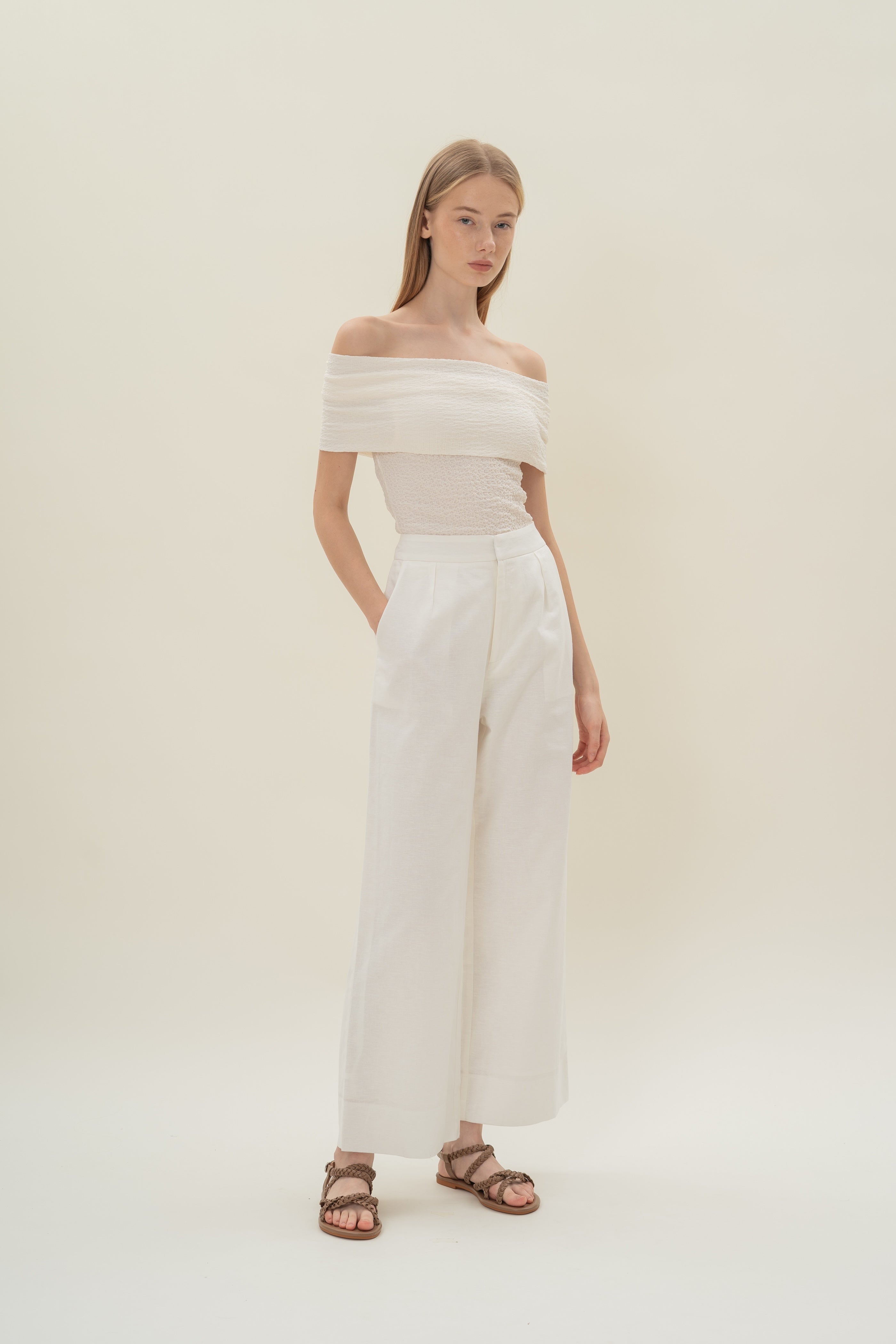 Crinkled Off Shoulder Wrap Top in Cloud