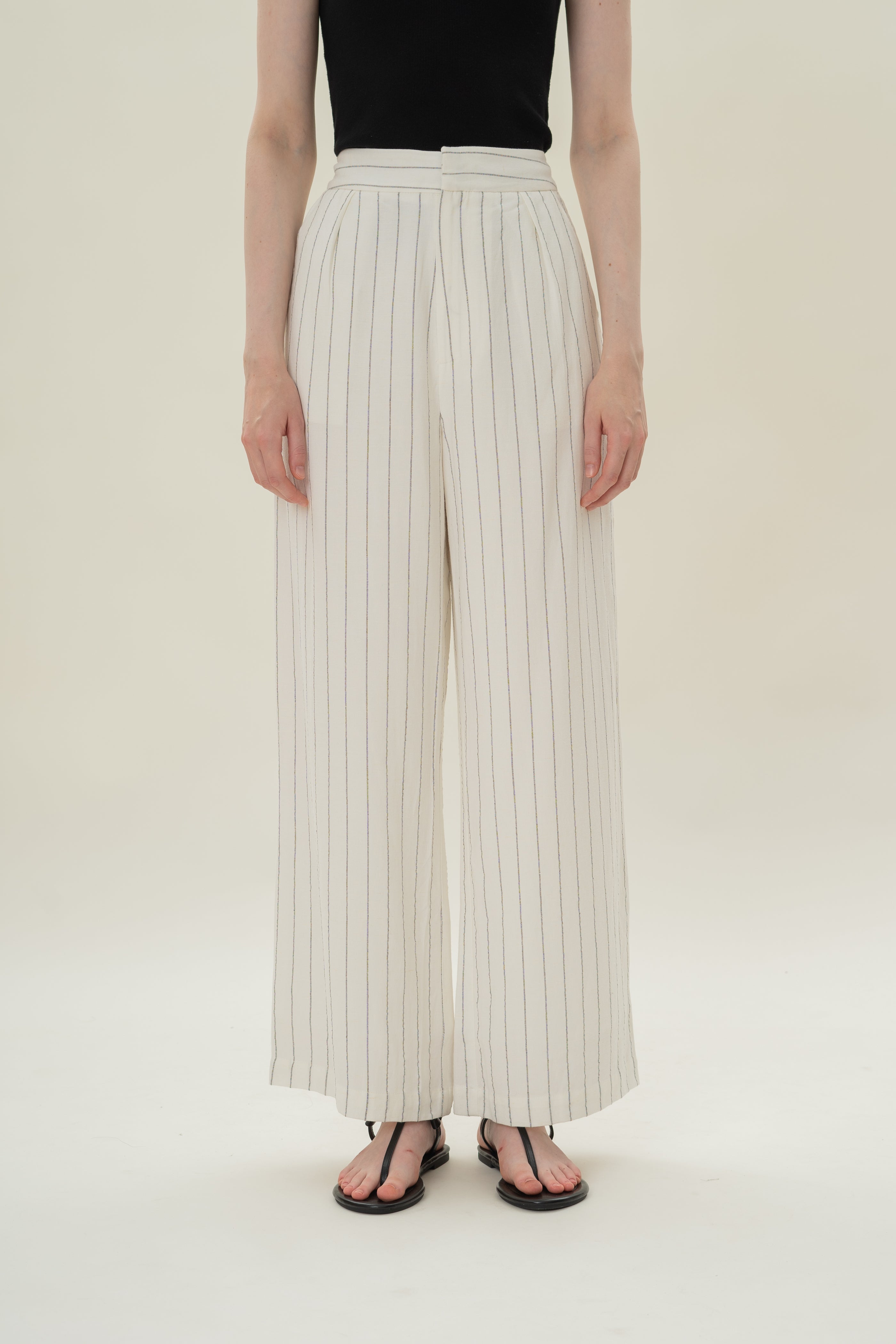 Pleated Linen Blend Trousers in White Stripes