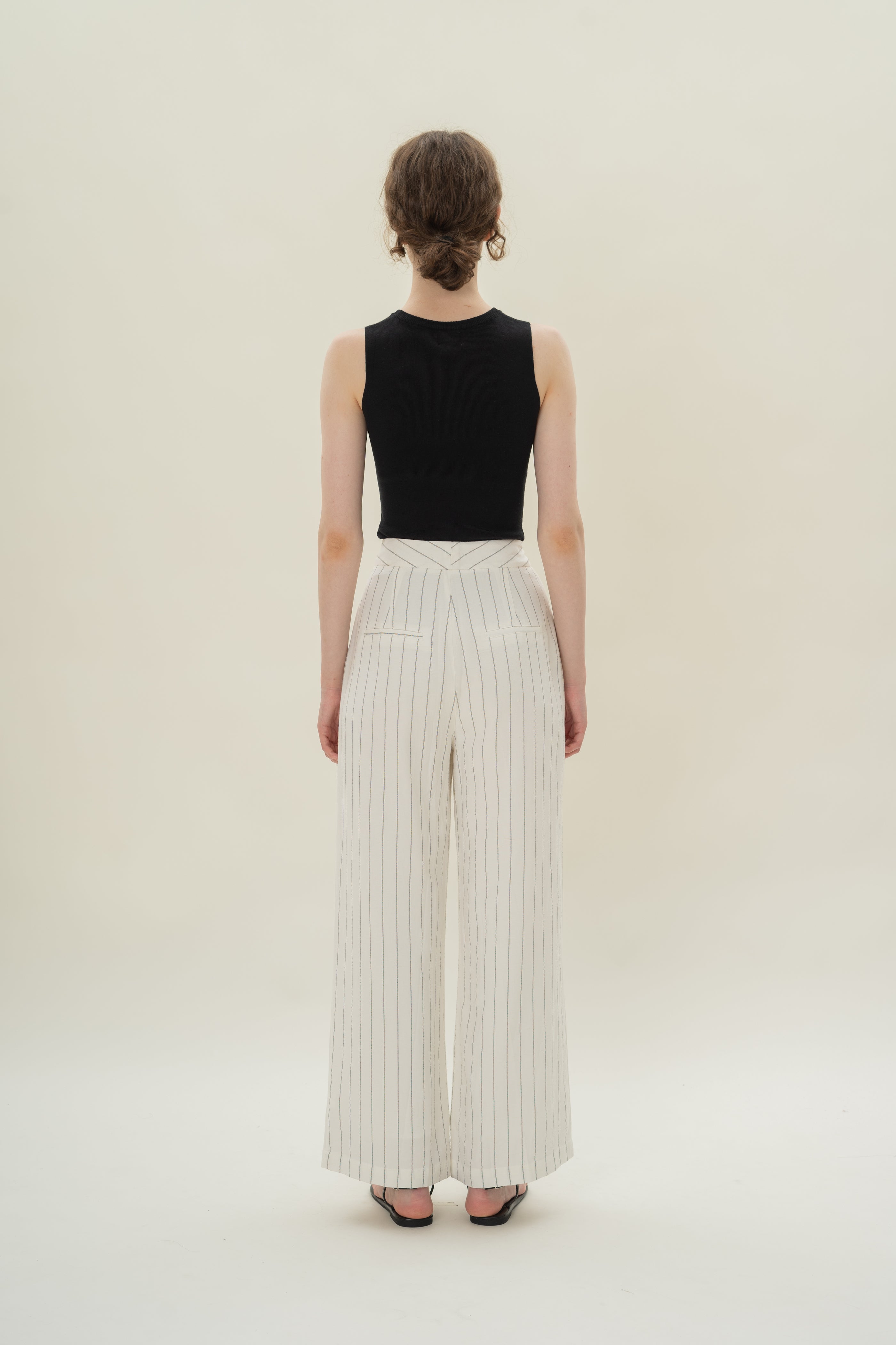 Pleated Linen Blend Trousers in White Stripes