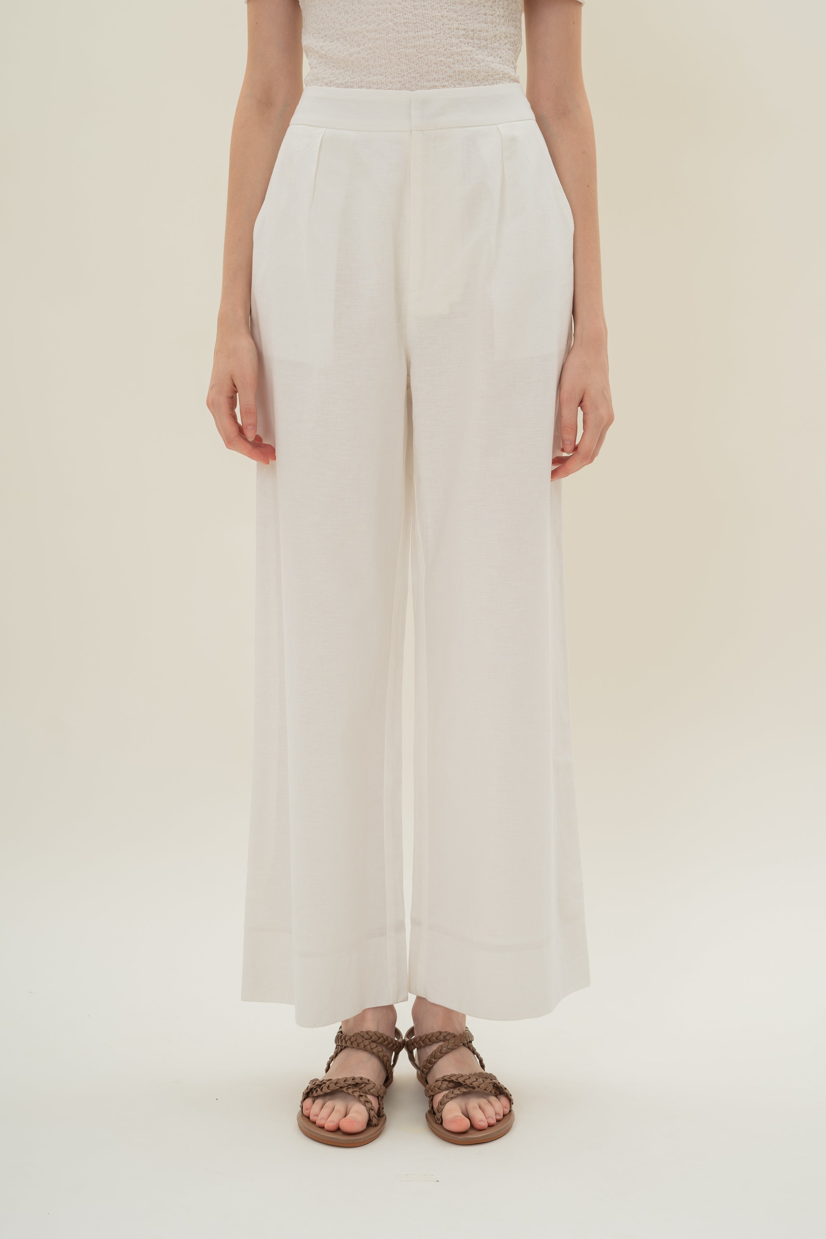 Textured Linen Trousers in White