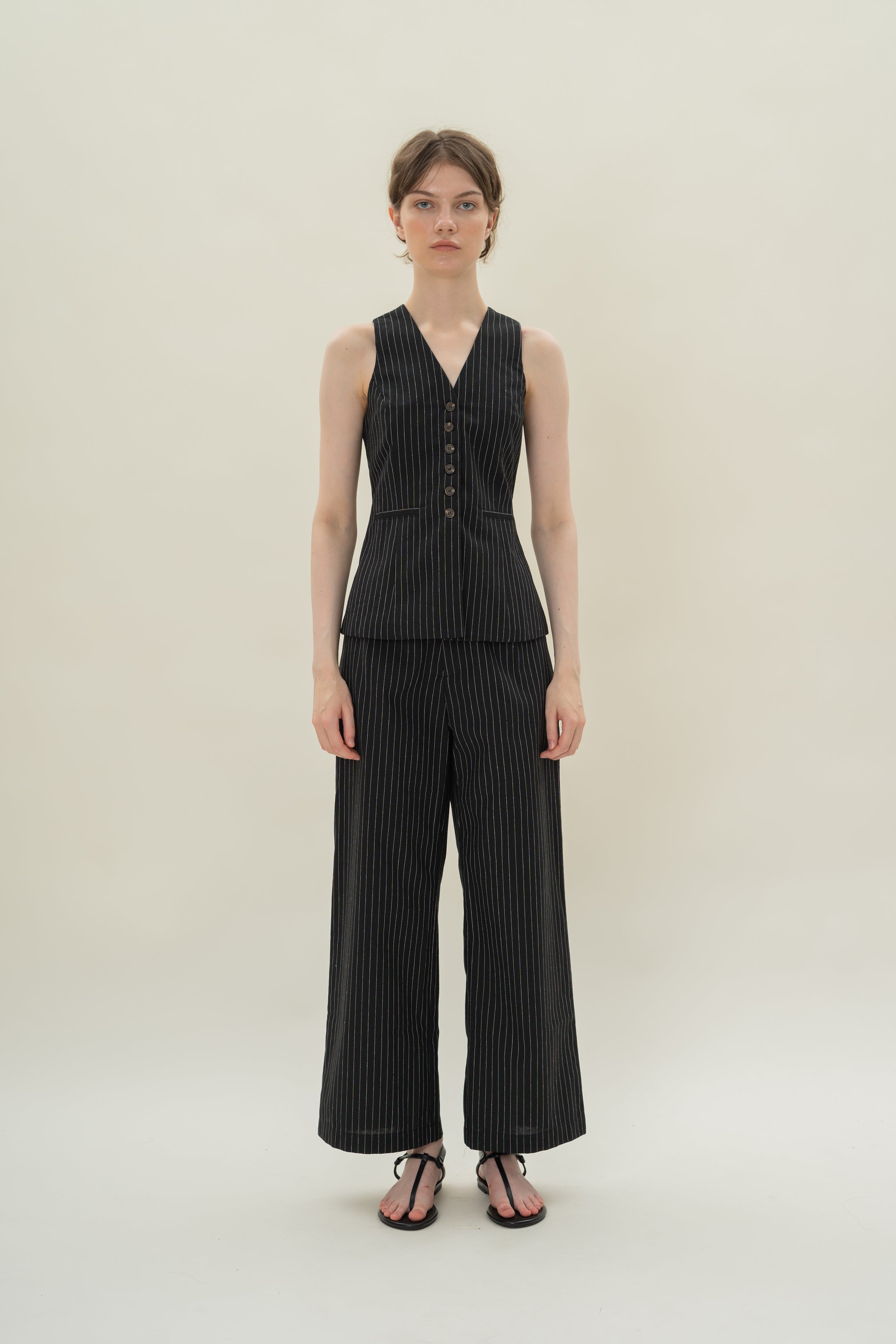 Linen Blend Longline Waistcoat in Black Stripes