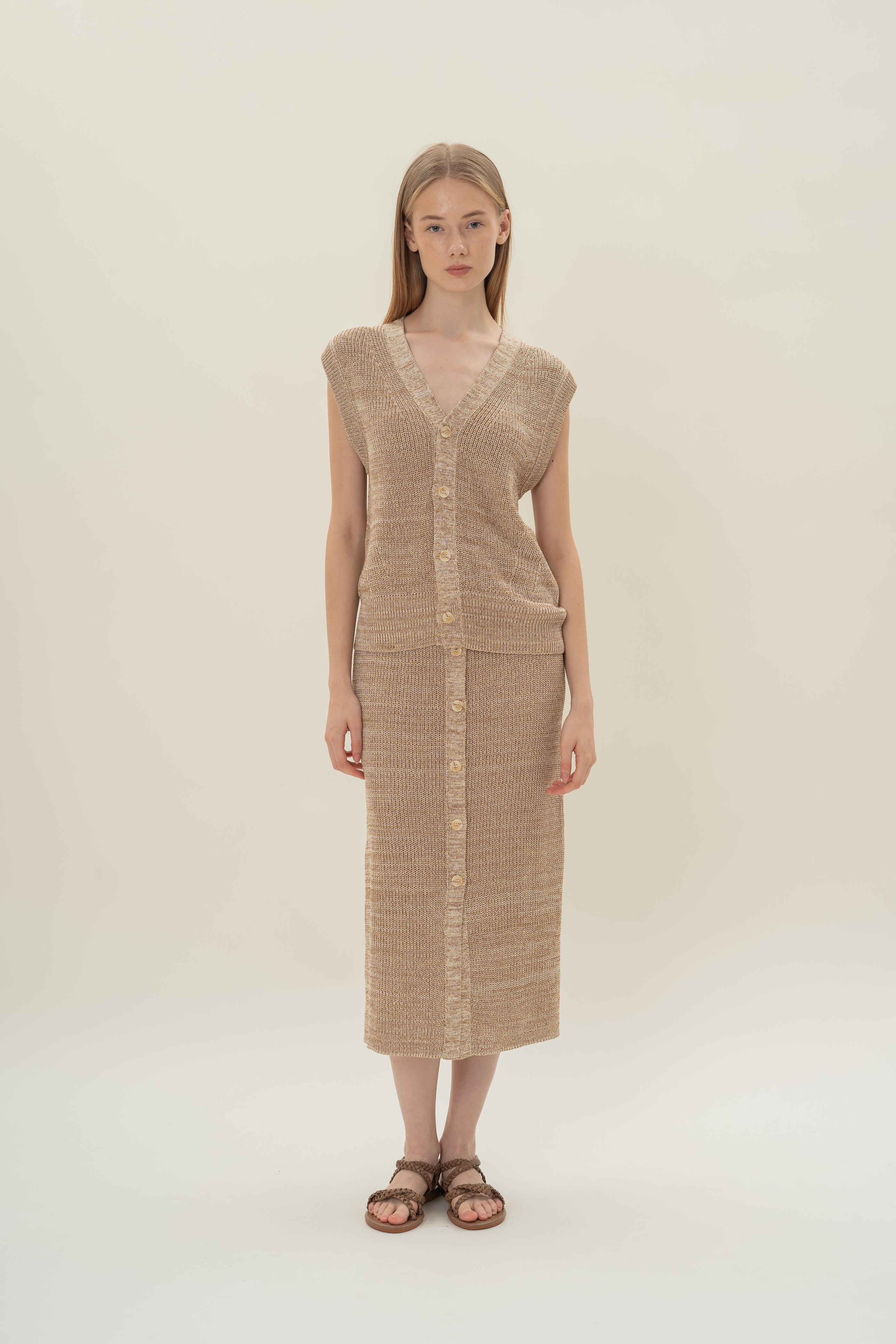 Button Melange Knit Vest in Sand Dunes