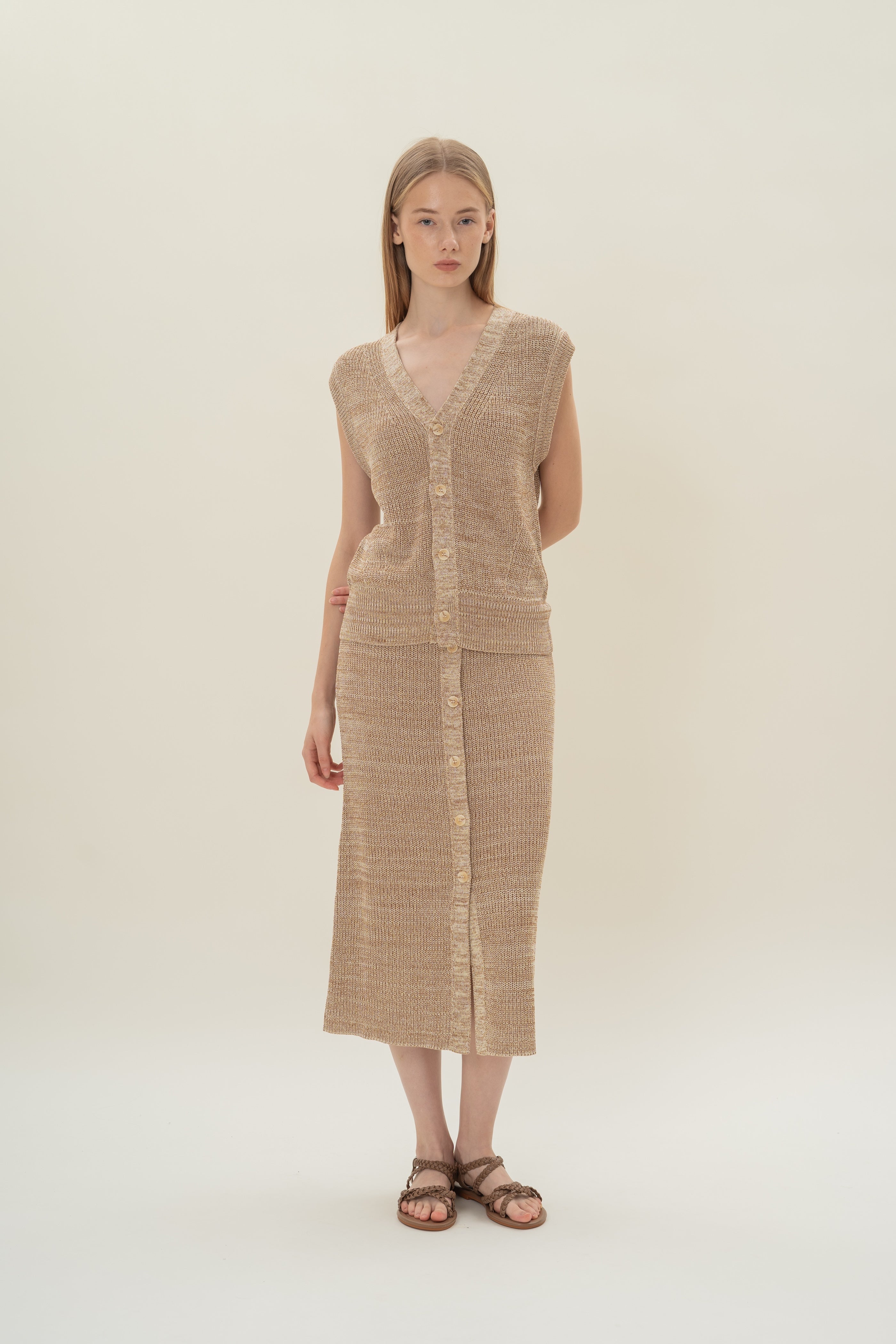 Button Melange Knit Vest in Sand Dunes