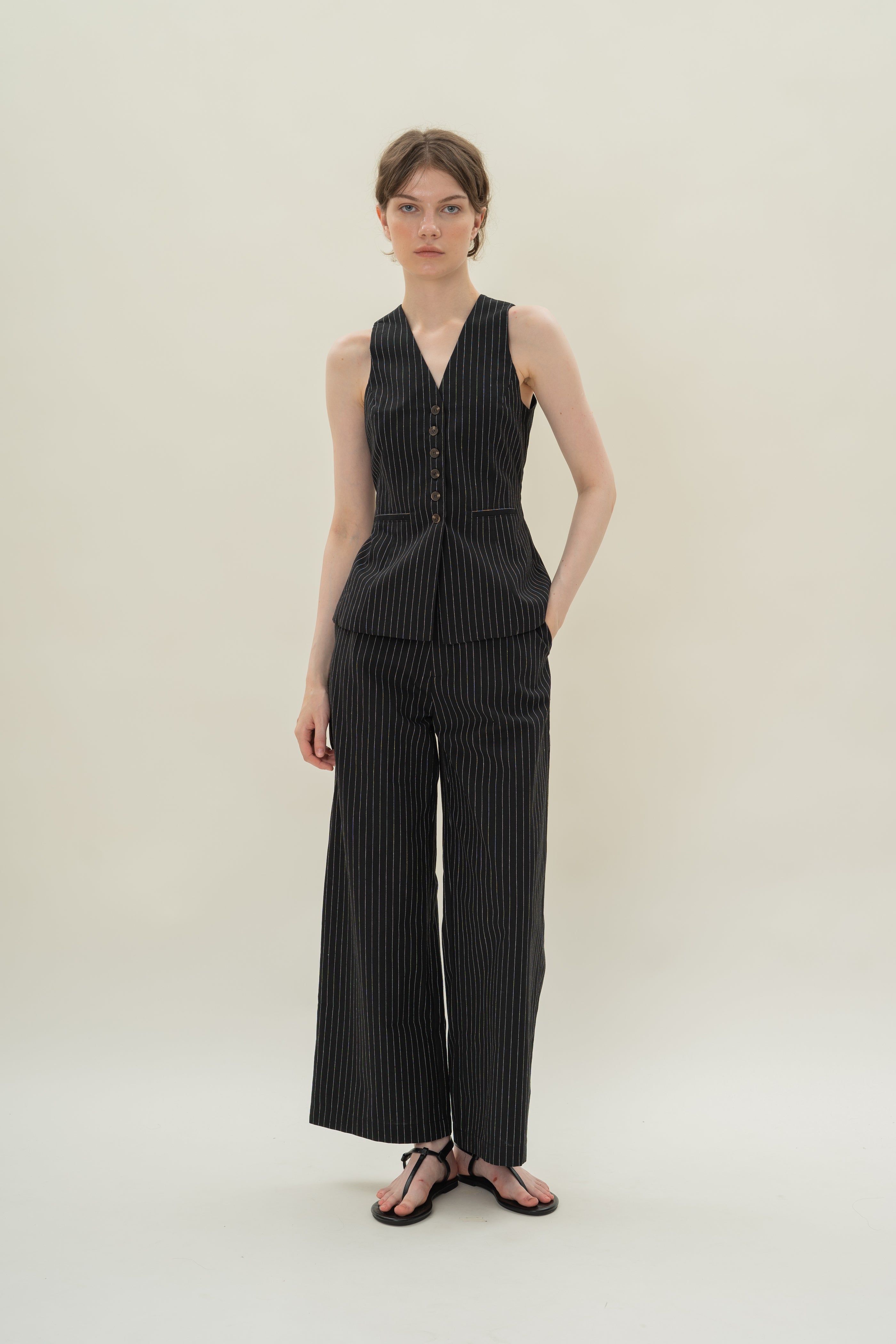 Linen Blend Longline Waistcoat in Black Stripes