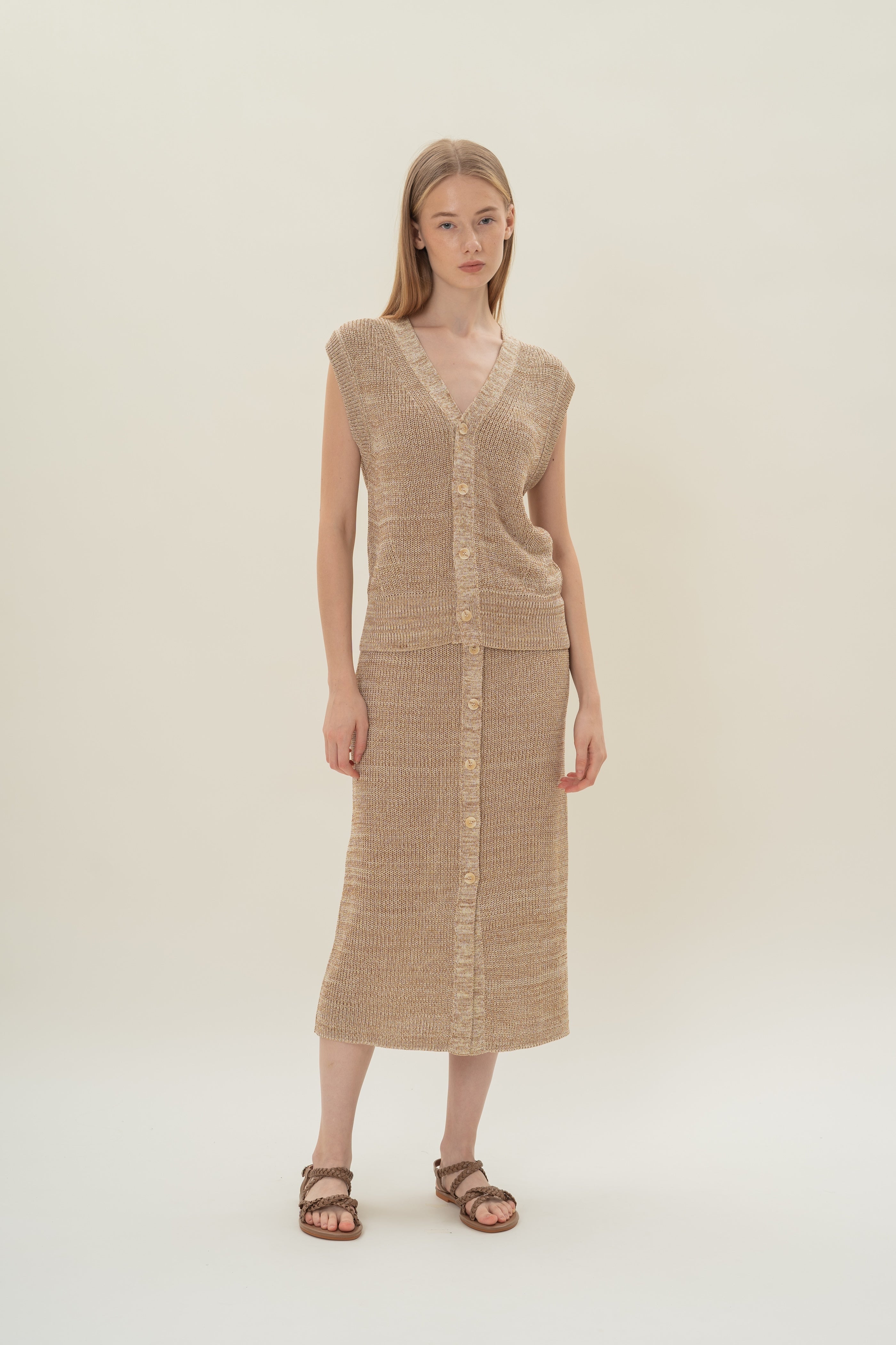Button Melange Knit Vest in Sand Dunes